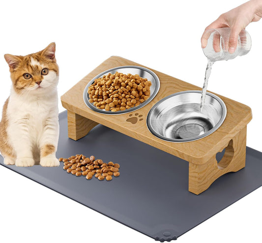 Elevated Cat Bowls with Silicone Mat, 15° Tilted Solid Wood Stand, Raised Stainless Steel Food & Water Dishes for Cats and Small Dogs, Anti-Vomiting Design(Natural)