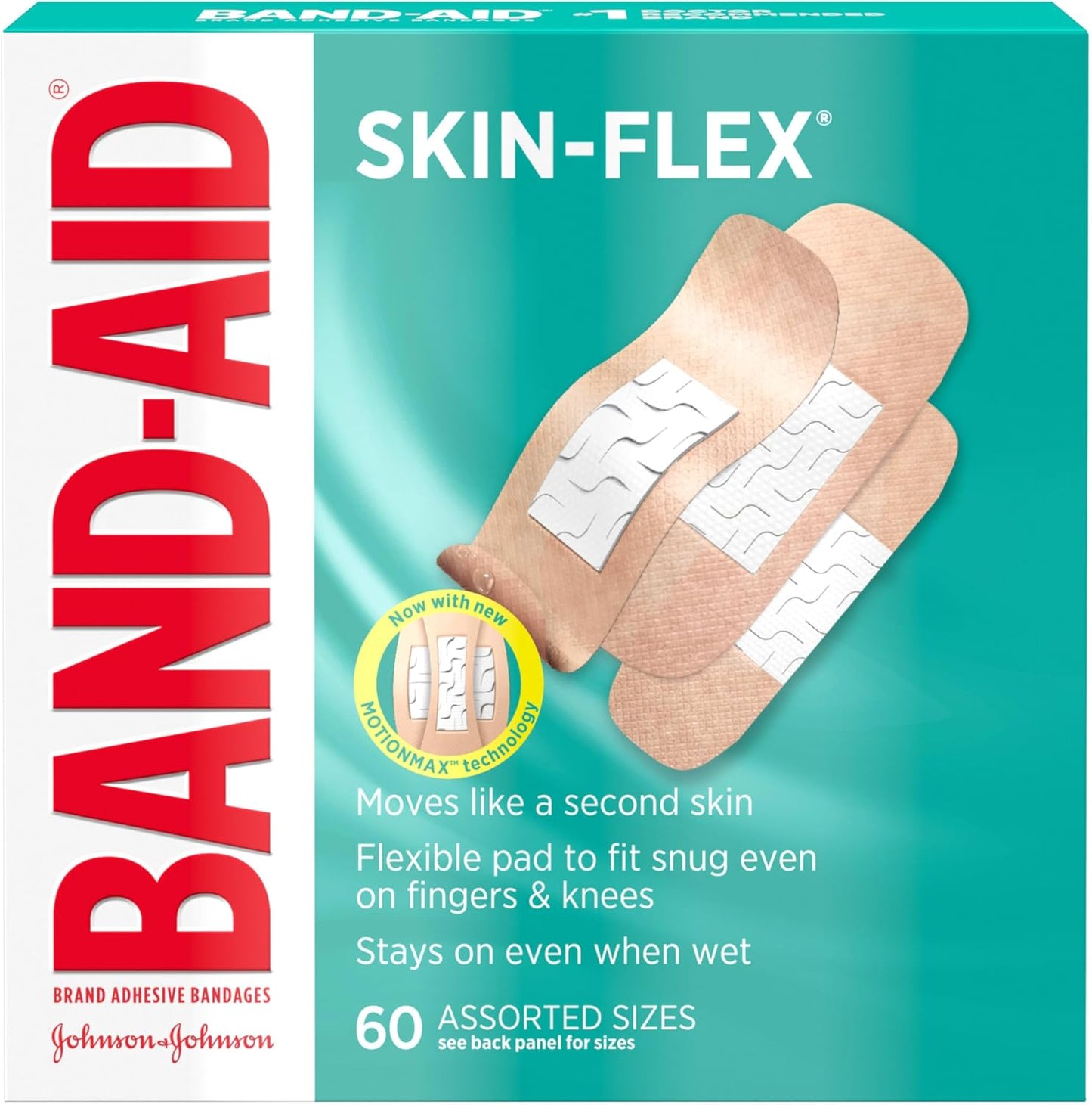 BAND-AID Brand Skin-Flex Adhesive Bandages for First Aid & Wound Care of Minor Cuts, Scrapes & Burns, Flexible Sterile Bandages Great for Fingers, Hands & Knees, Assorted Sizes, 60 ct