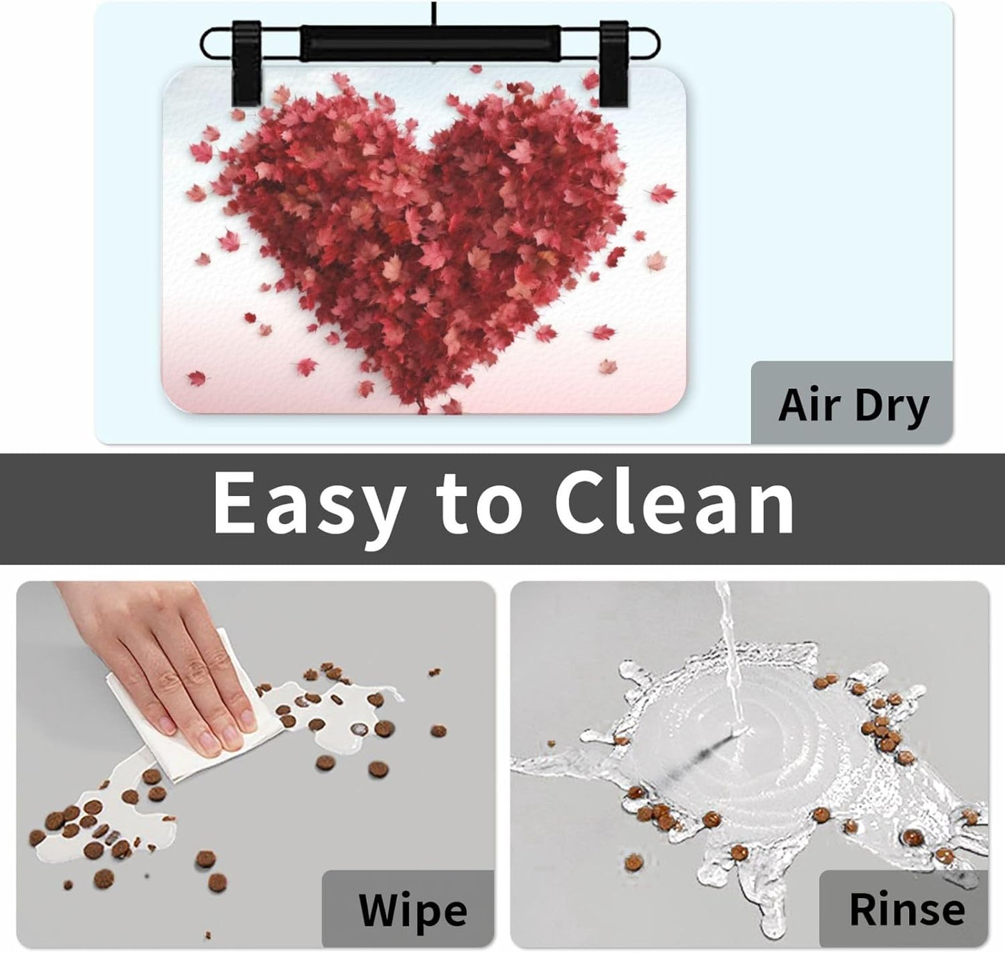 Pet Feeding Mat Leather Dog Food Mat Waterproof Pet Tablecloth Maple Leaves Heart Pet Placemat for Dogs Absorbent Dog Bowl Mat Anti-Slip Dogs Mats for Food and Water