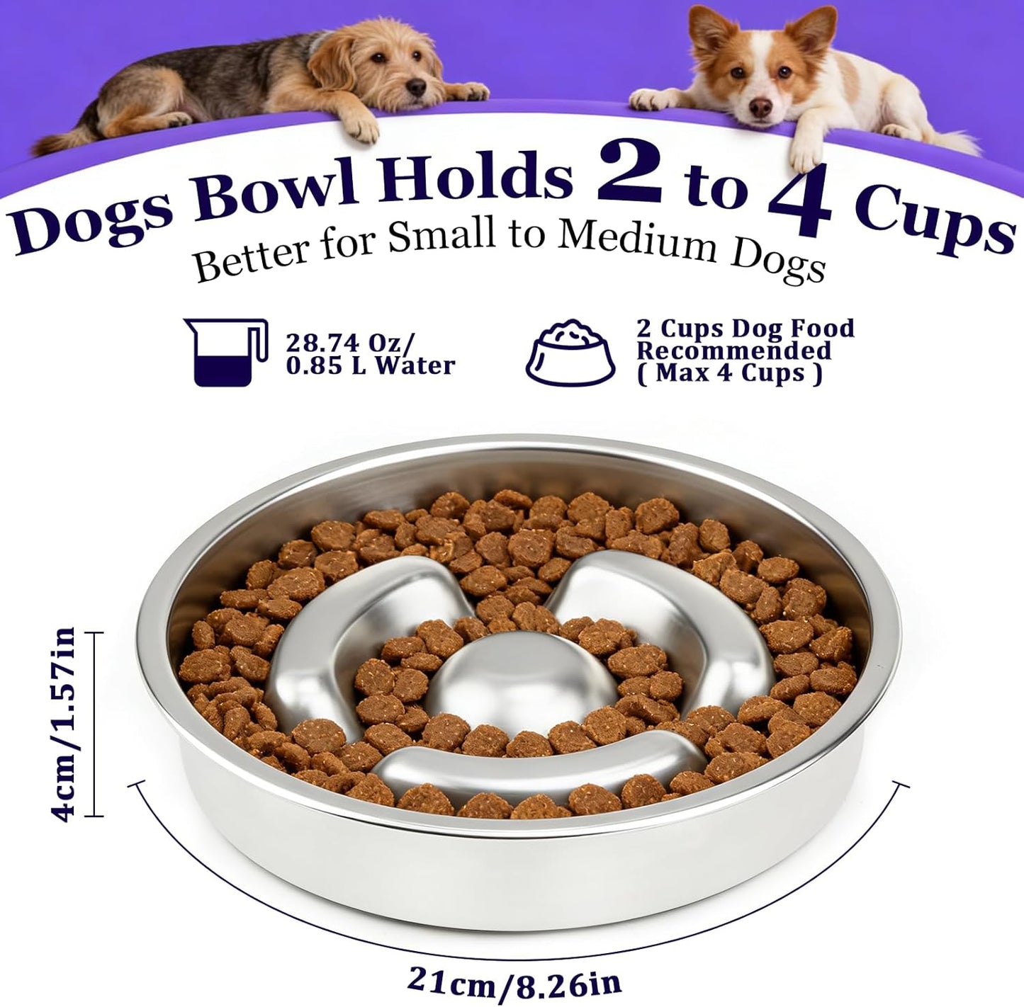 Stainless Steel Slow Feeder Dog Bowl Metal Dog Food Bowl with Non-Slip Mat for Small and Medium Sized Dogs, 2 to 4 Cups Capacity, Dishwasher-Safe, Double-Sided Design for Dry, Wet, or Raw Food