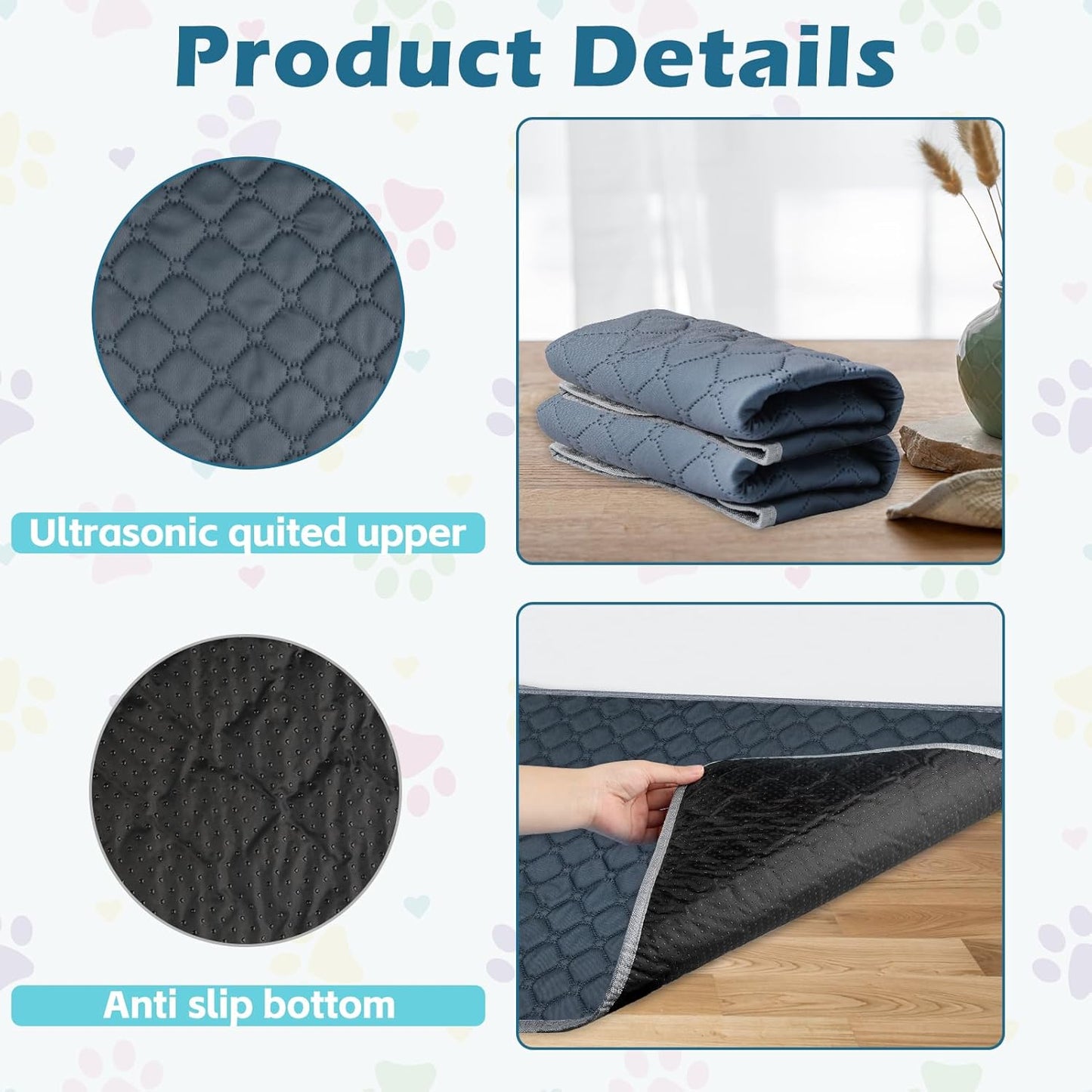 Reusable Guinea Pig Cage Liners, 47" x 24" (Pack of 2) Washable Pee Pads , Super Absorbent & Waterproof & Anti-Slip Pet Bedding Liner for Dogs, Bunny, Small Animals (Gray)