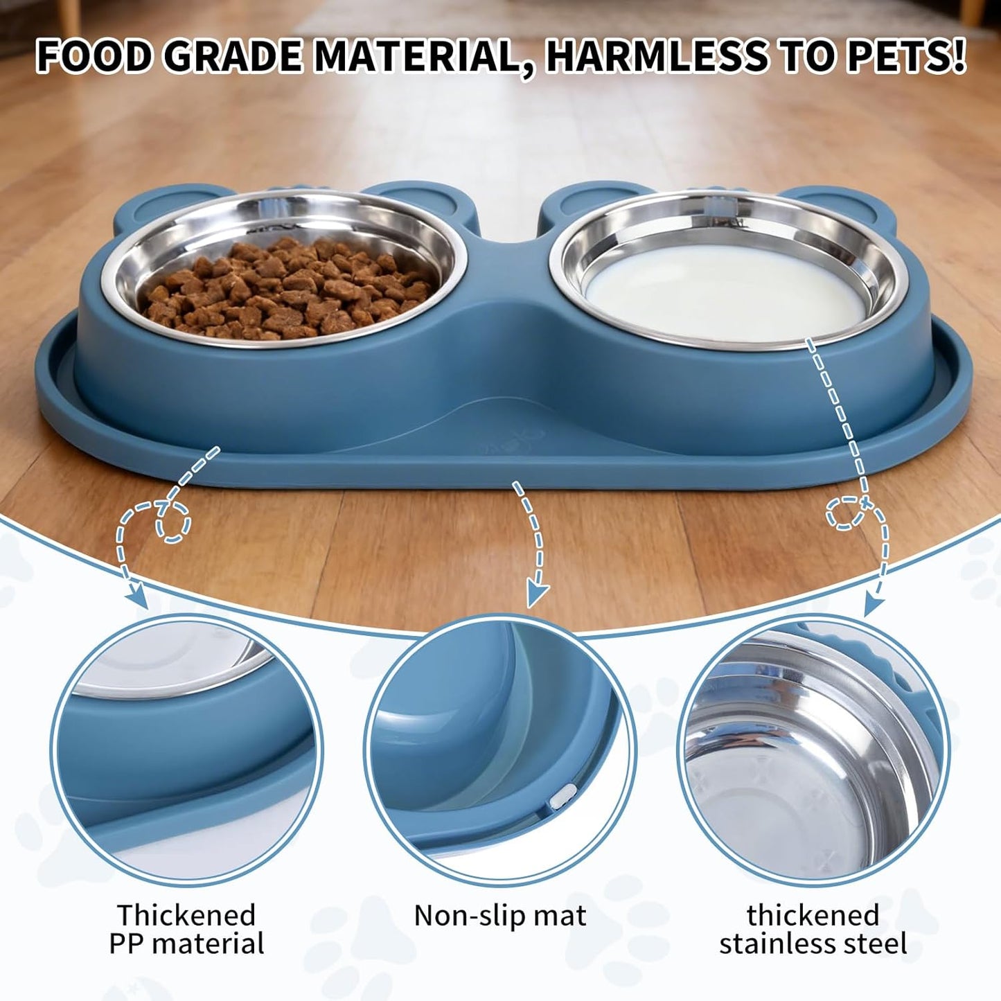 Stainless Steel Double Pet Bowls with Non-Slip Base, Detachable Dog Cat Food and Water Feeder Set, Anti-Spill & Easy to Clean Pet Feeding Bowls for Small Dogs & Cats