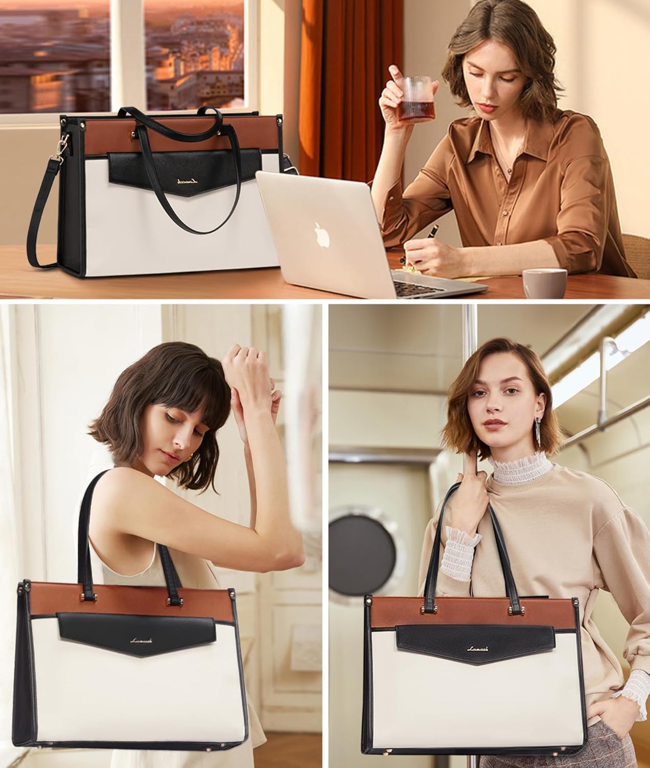 LOVEVOOK Laptop Bag for Women, 15.6'' Laptop Tote Purse 2-in-1 Professional Work Bag Business Briefcase with Clutch Purse, Waterproof Leather Computer Handbag for Teacher Office Travel