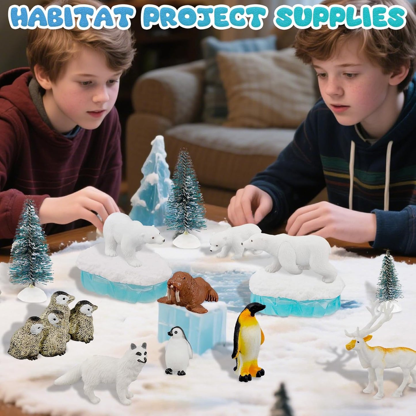 Warmtree 46 Pcs Arctic Animals Figurines Set Includes 22 Polar Bear Penguin Animals Figurines 6 Mini Pine Trees 18 Artificial Lceberg Fake Snow Ripple Water Sticker Ocean Habitat Diorama Supplies