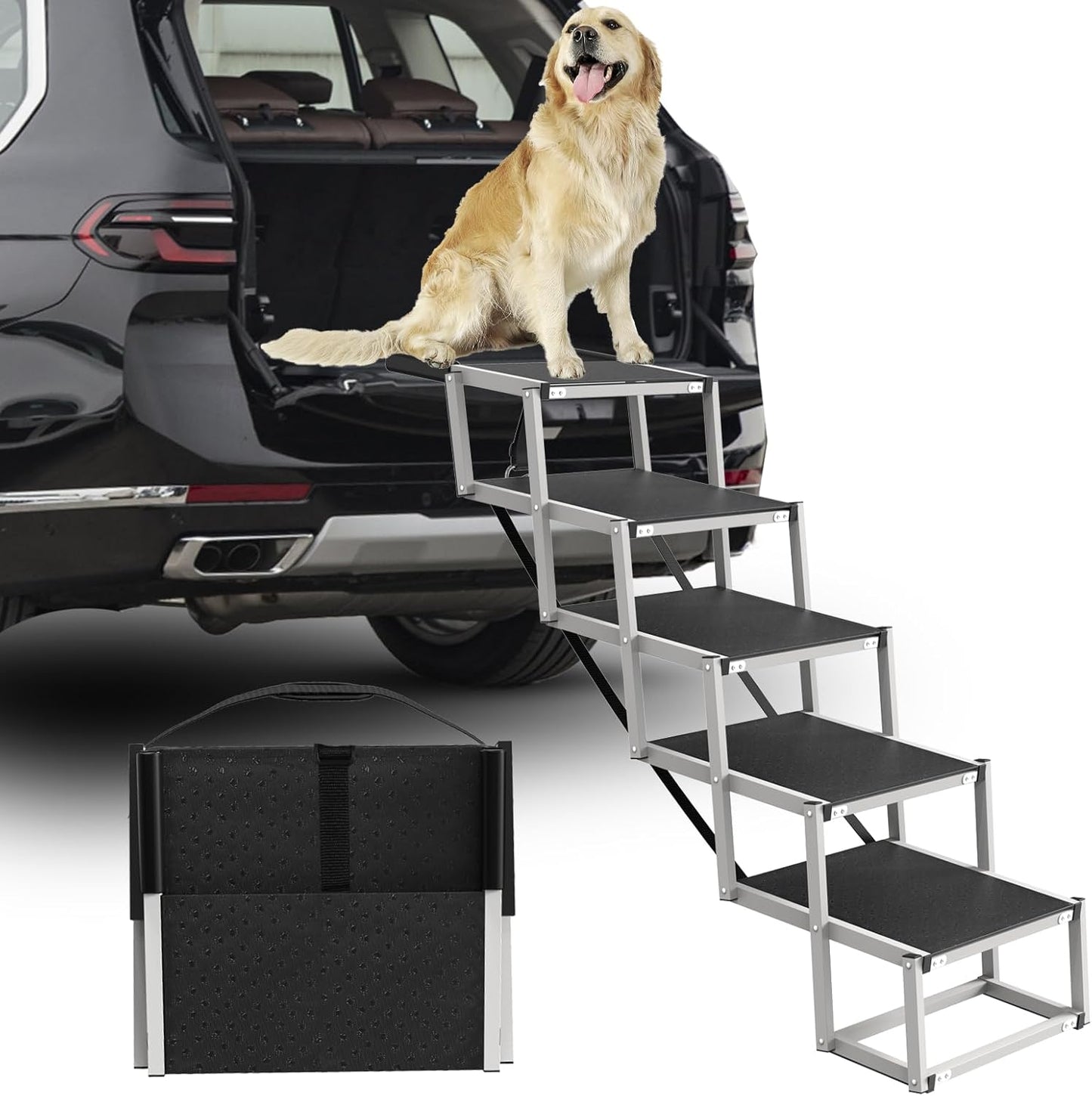 Dog Stairs for Large Dogs - 5 Step Wide 16in High 34in Foldable Dog Ramp for Car Non-Slip Surface Support up to 230lbs - Suitable for SUV,Truck, Sofas, Bed