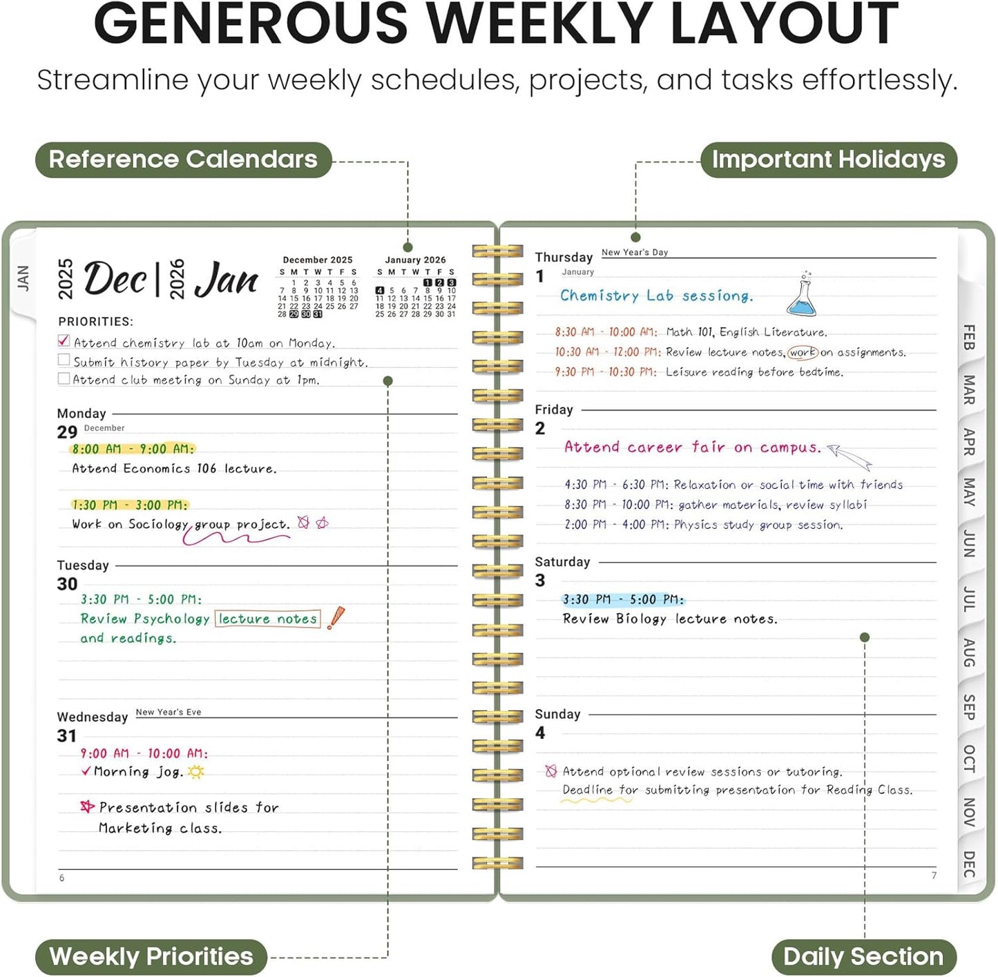 2026 Planner, Weekly and Monthly Calender Planner, Jan 2026 to Dec 2026, Hardcover 2026 Calendar Book with Tabs & Inner Pocket, Office Home School Supplies for Women & Men - A5 (6.3" x 8.5"), Green