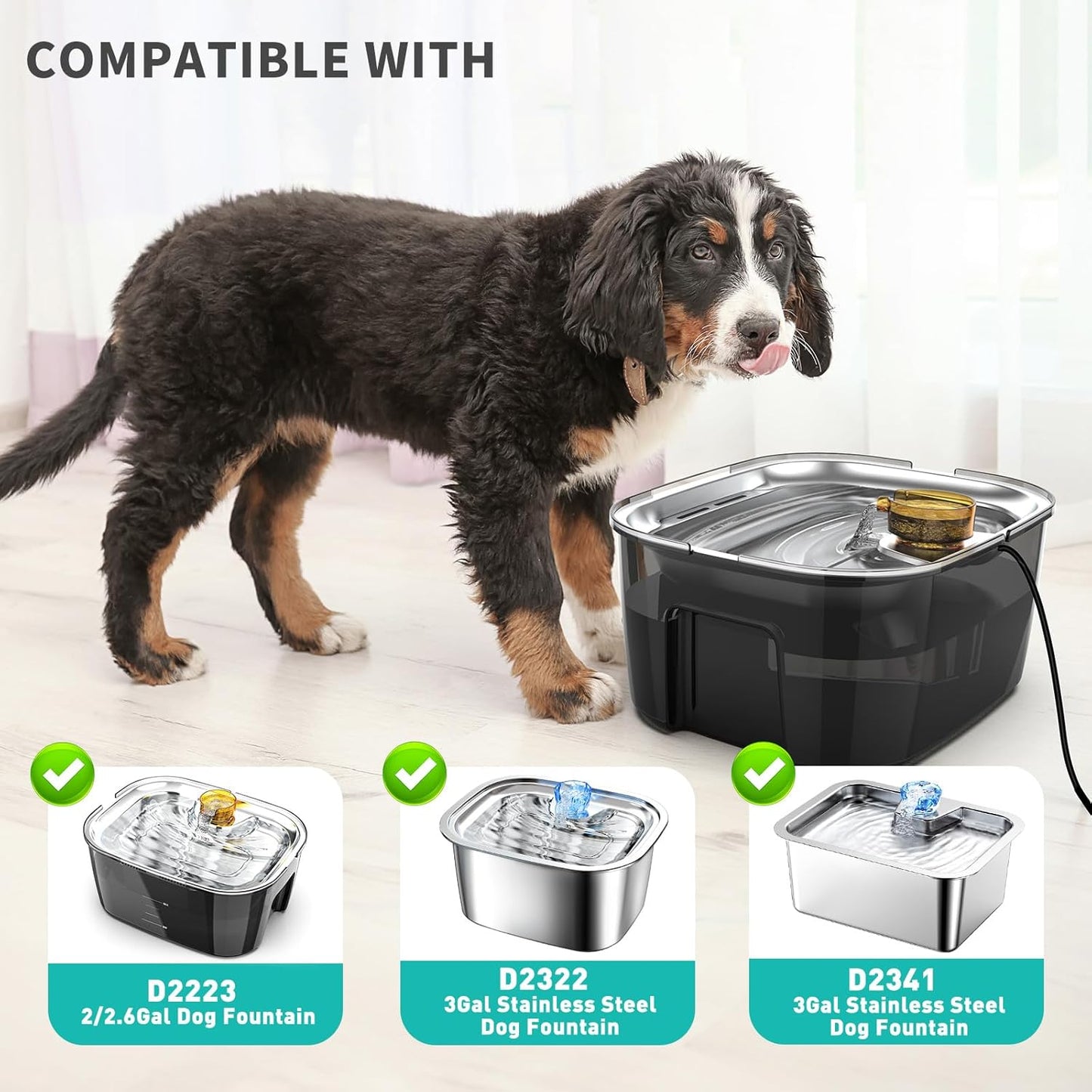 Dog Water Fountain Pump for 2.6/2 Gallons Large Dog Water Fountain Stainless Steel for Large Dogs, Replacement Water Pump for D2223, D2322, D2341 Models, Long Lifespan, Quiet and Safe, USB Cable