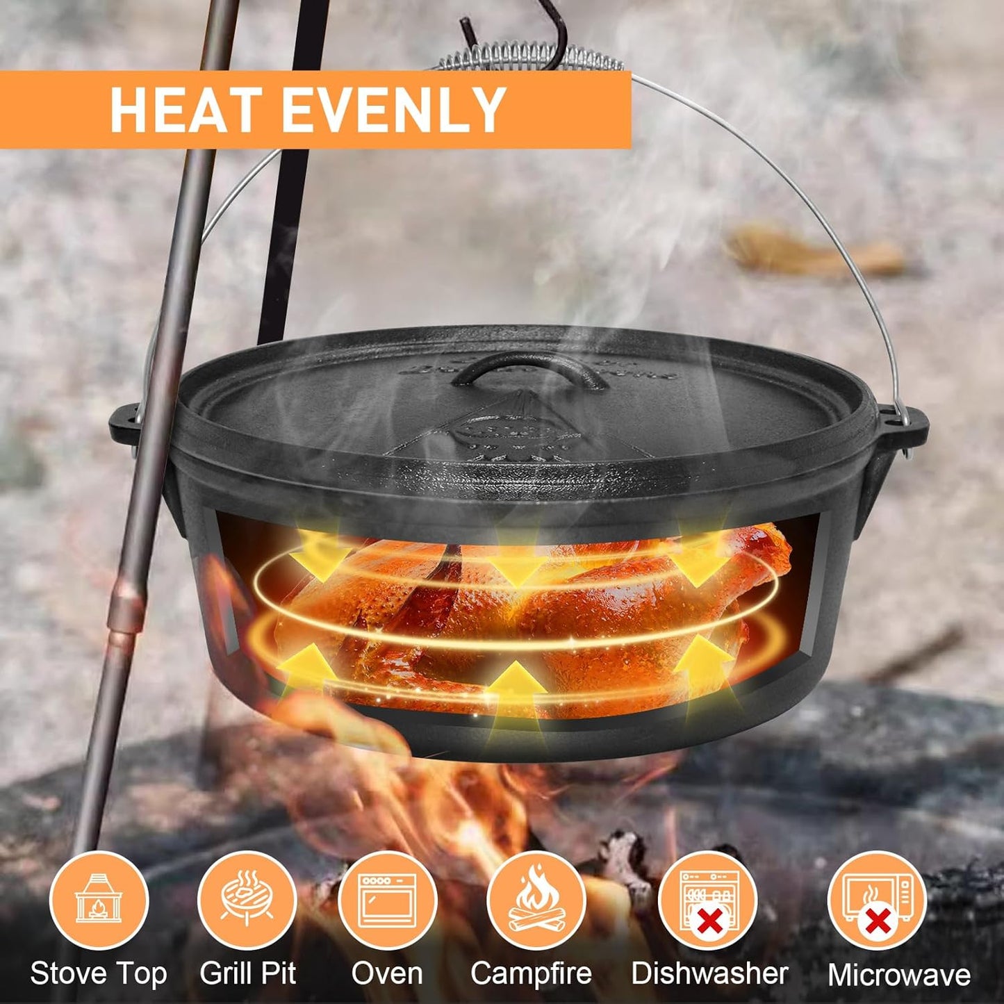 Camping Dutch Oven,12 Qt Pre-Seasoned Cast Iron Camp Dutch Oven Pot with Lid - Lid Lifter, Cast Iron Dutch Oven with Metal Handle for Cooking BBQ Baking Campfire Modern Black