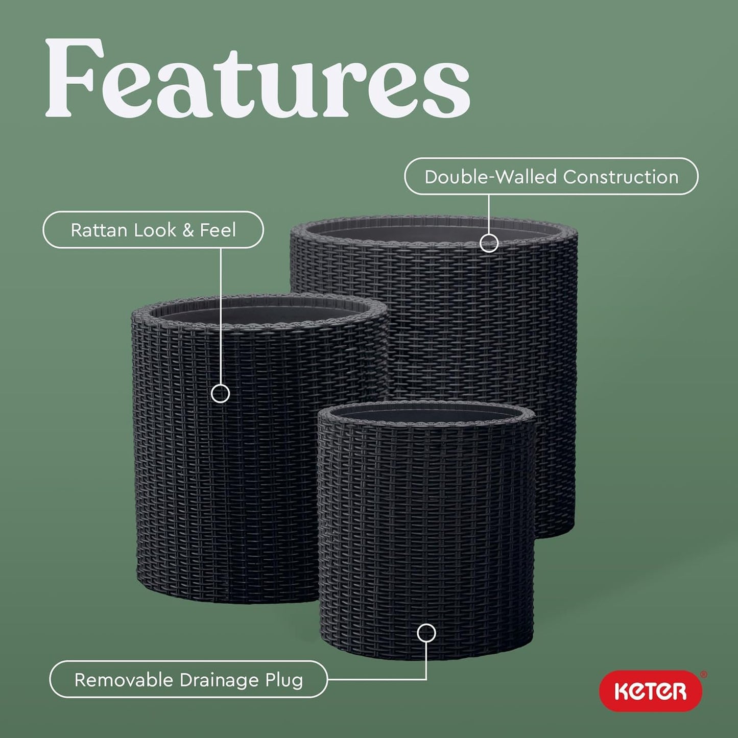 Keter Cylinder Set of 3 Rattan Resin Planter for Indoor and Outdoor Plants Ideal Decorative Planter for Porches and Patio Decor, Black