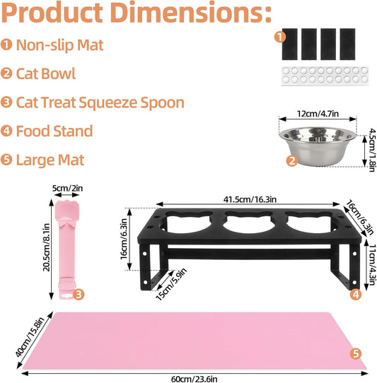 10°Tilted Elevated Cat Bowls with Food Mat & 3 Stainless Steel Pet Dishes, Raised Cat Food Water Bowls Set, Anti-Vomiting for Indoor Cats and Small Dogs, Bonus Treat Spoon