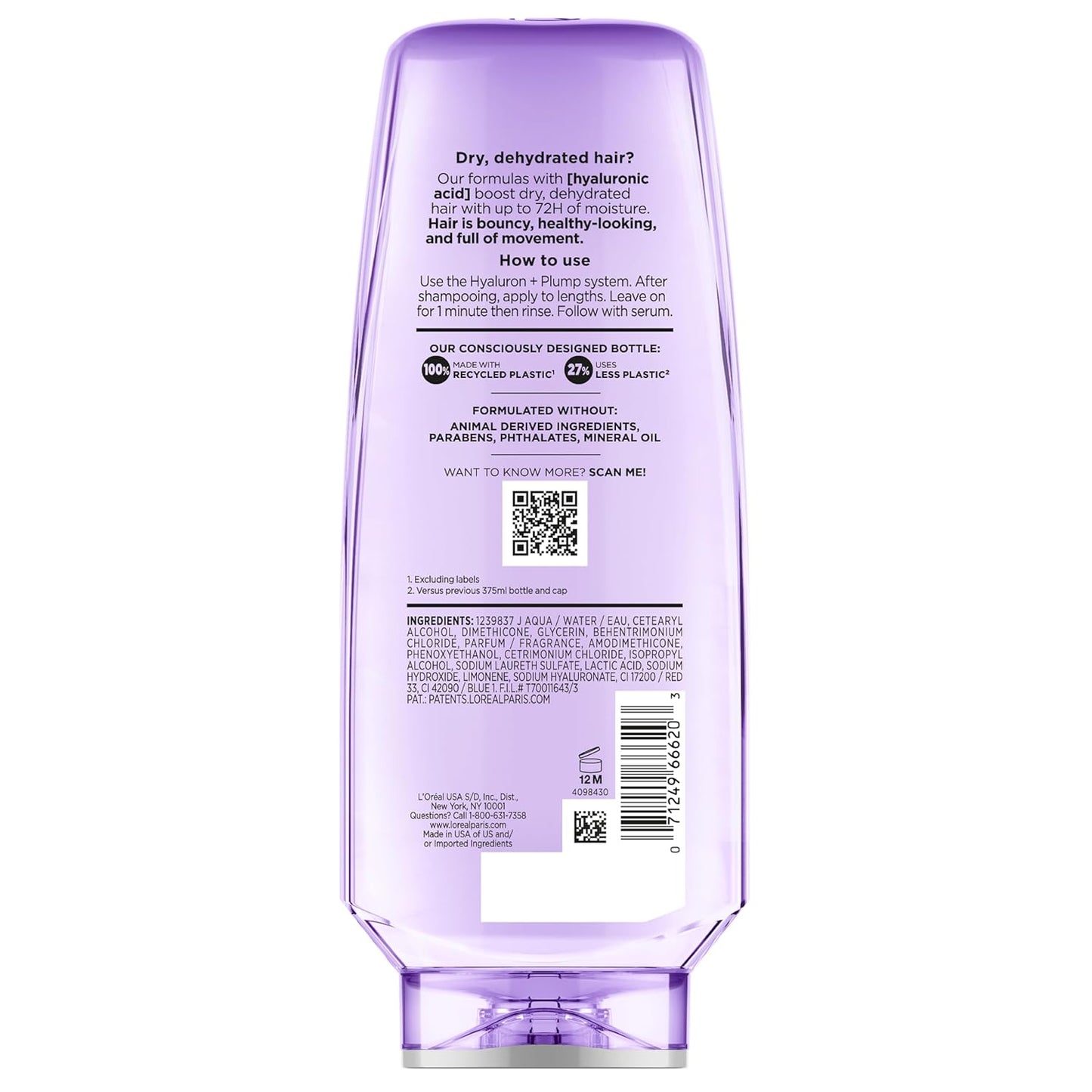 L'Oreal Paris Elvive Hyaluron Plump Hydrating Conditioner for Dehydrated, Dry Hair Infused with Hyaluronic Acid Care Complex, Paraben-Free, 12.6 Fl Oz
