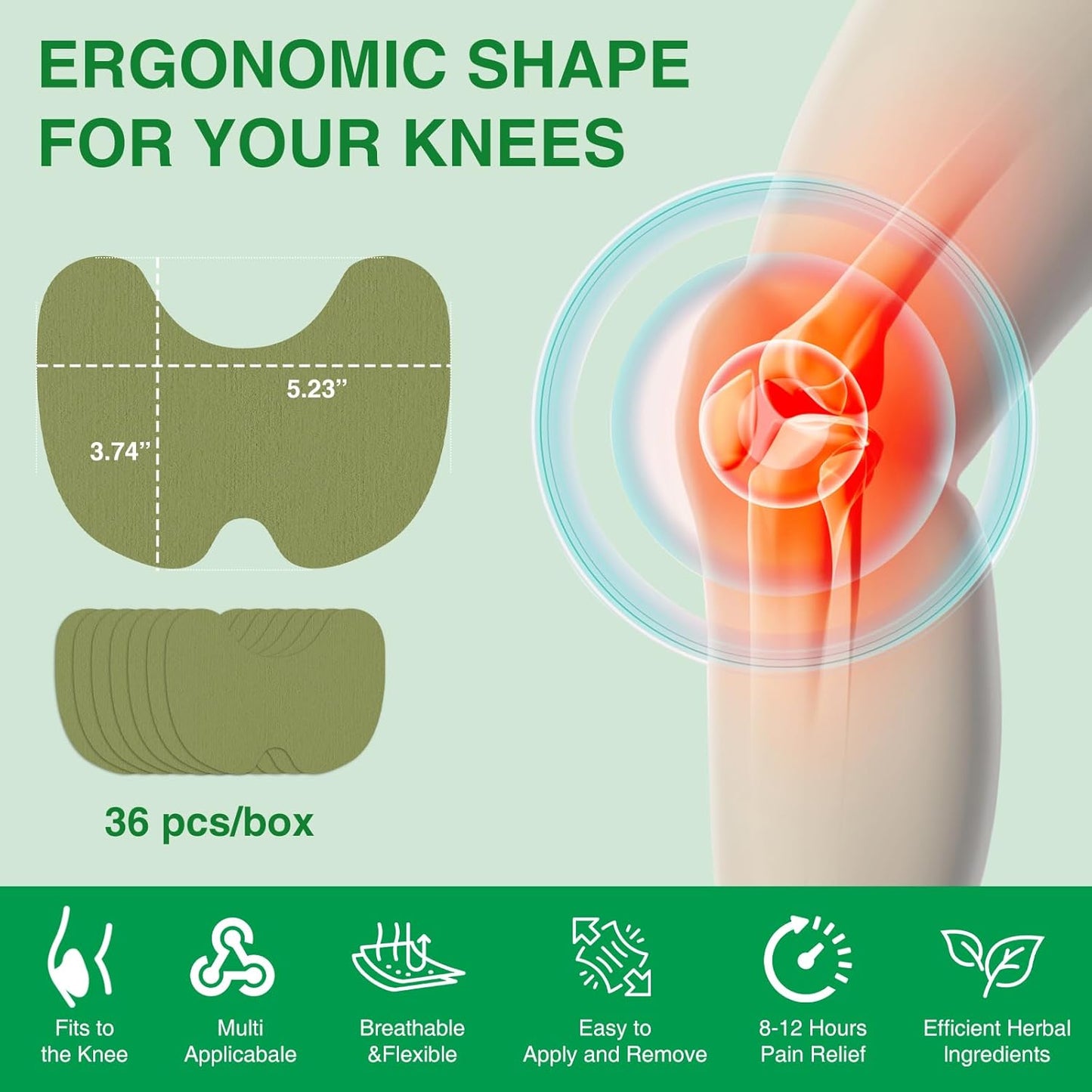 36Pcs Knee Patches: Adhesive Natural Heat Patches for Knee Relief, Wormwood Extract Heat Relief Patch for Long Lasting, Warming Herbal Heating Patches for Knee, Back, Neck, Shoulder, Joint, Muscle