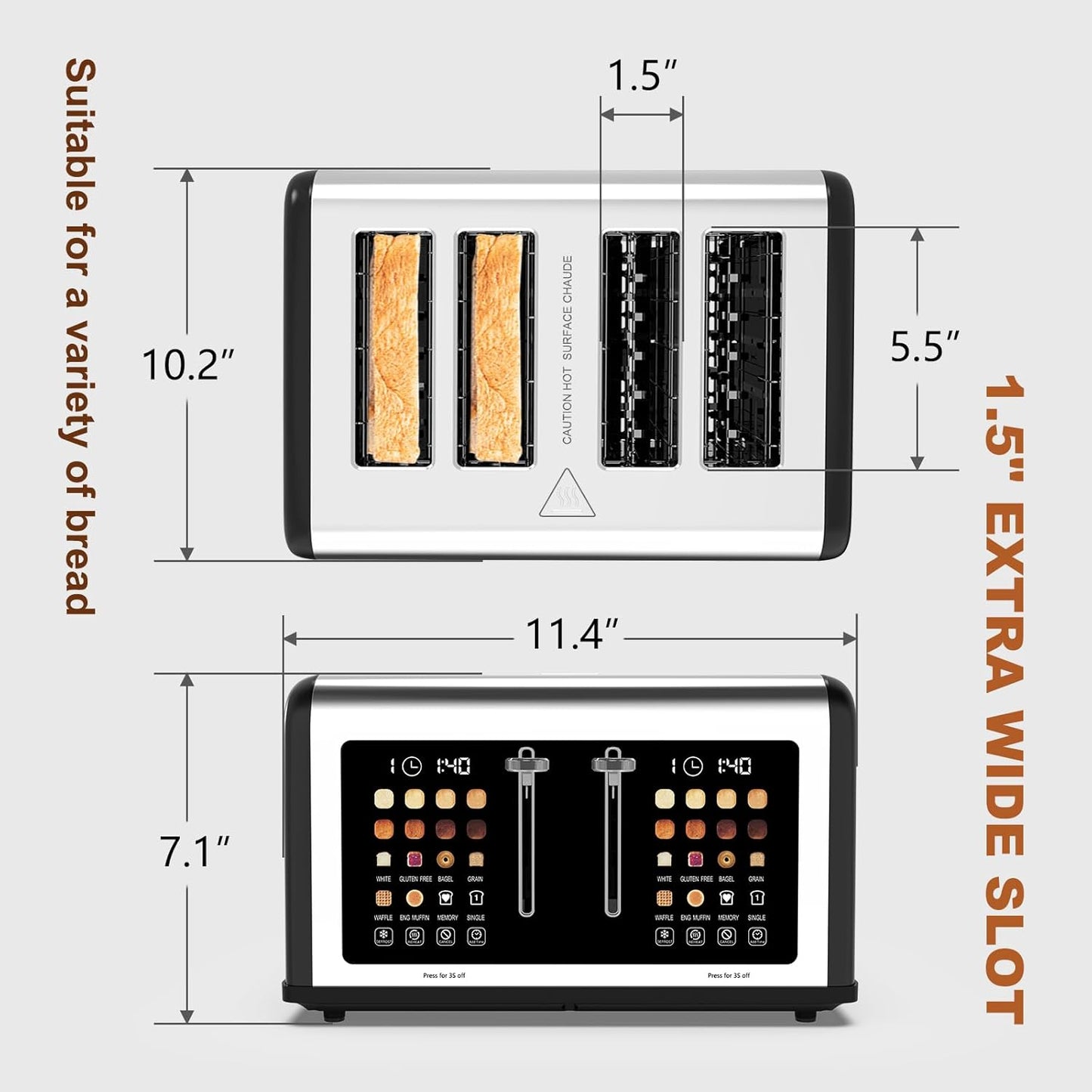 4 Slice Toaster Touch Screen, Stainless Steel Toasters Digital Timer, Dual Control Panel Toasters, 8 Shade Settings 6 Bread Types for Bagel, Cancel, Defrost 1650W Black