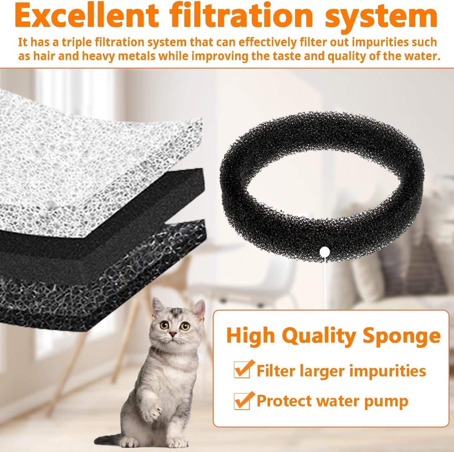 12 Pack 3.2L/108oz Cat Water Fountain Filters Replacement and 12 Pack Pre-Filter Sponges for Stainless Steel Automatic Pet Fountain Dog Water Fountain