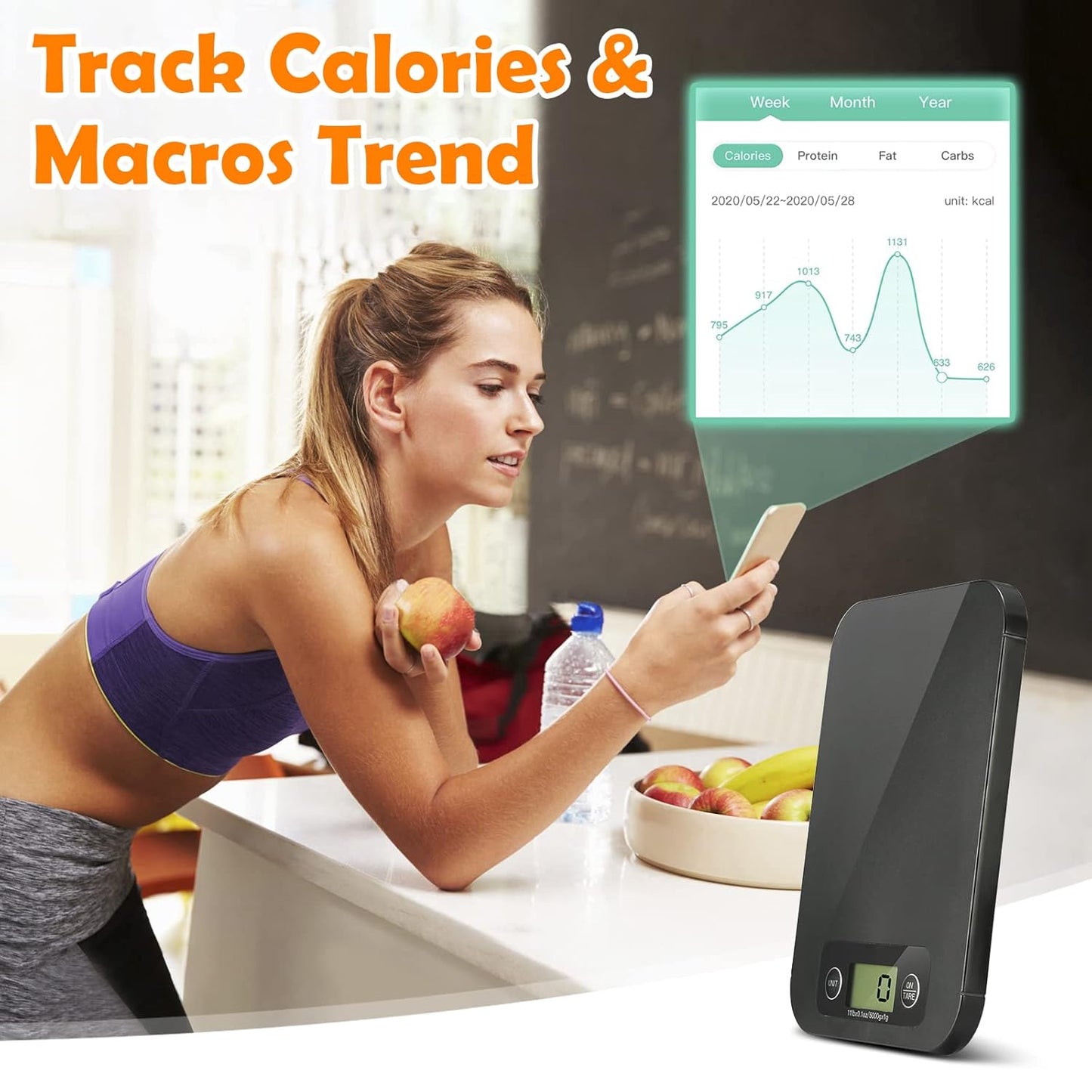 URAMAZ Food Scale with Nutritional Calculator, Digital Food Scales for Kitchen Scale Grams and Ounces, Smart Food Weight Scale for Weight Loss, 20 Nutrients Tracking, Diet, Calories, Meal Prep, 11lb