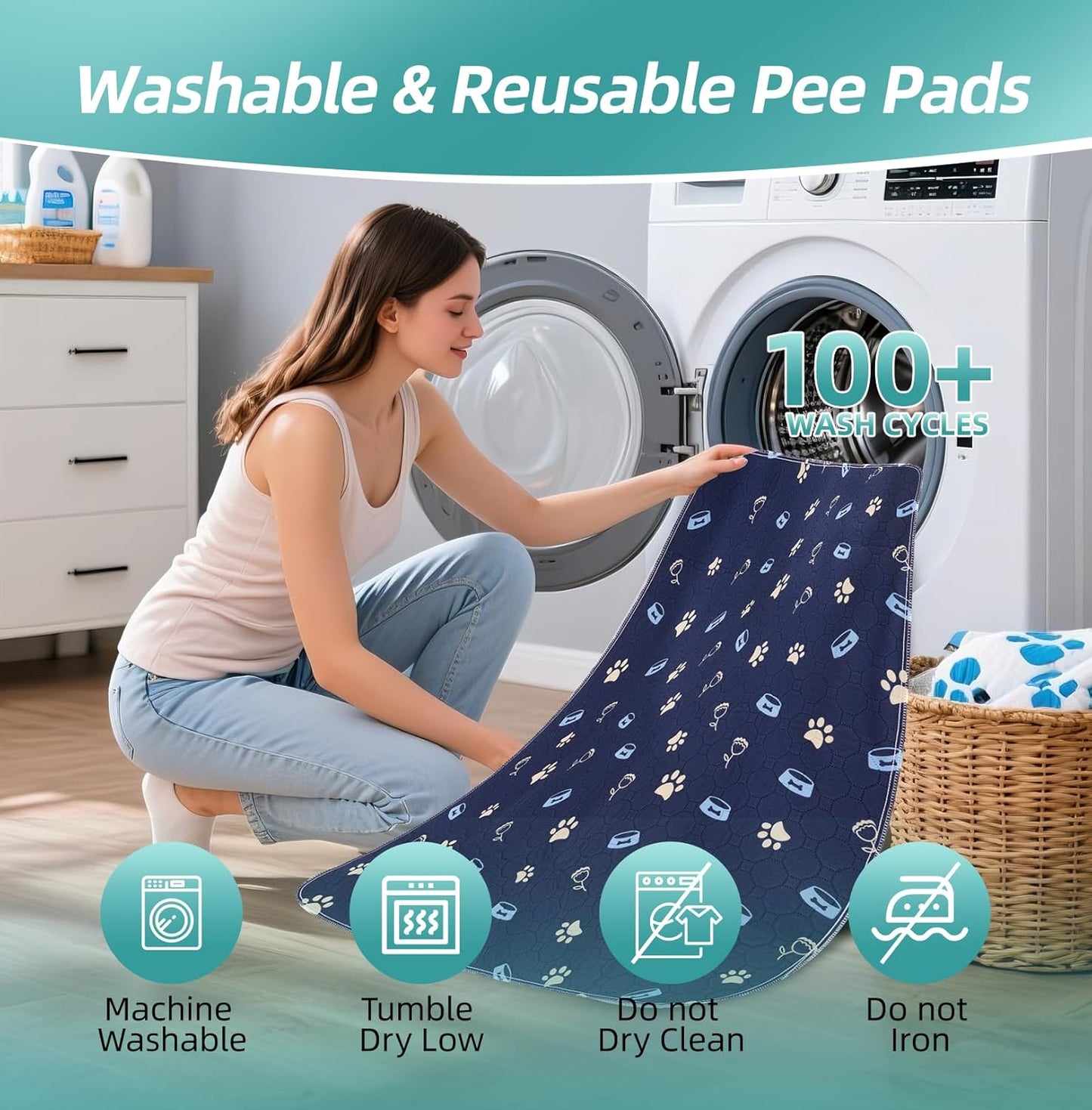 Washable Dog Pee Pads - Reusable, Ultra Absorbent & Leak-Proof Puppy Training Pads with Non-Slip Backing for Sofa, Playpens & Indoor Potty Training Blue ((18*24 Inch (Pack of 2)))