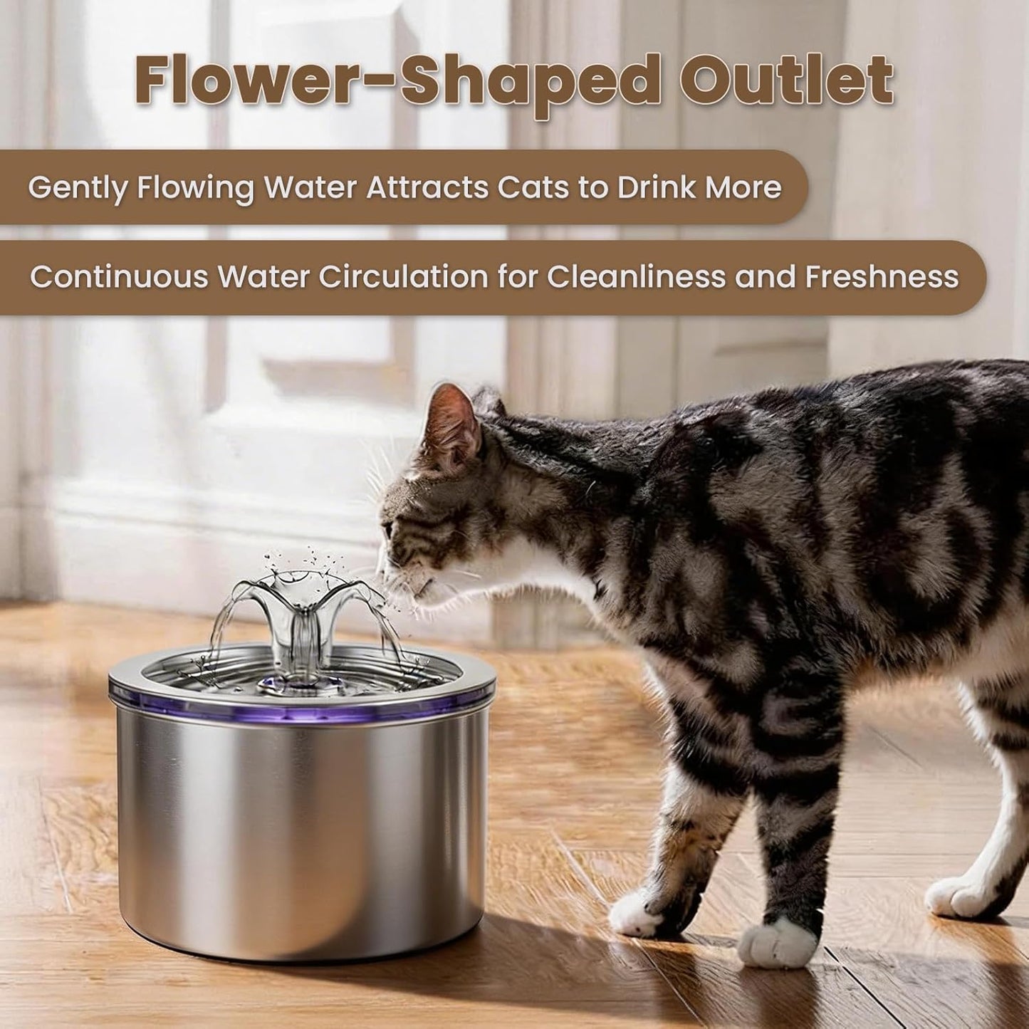 Cat Water Fountain Stainless Steel, 74oz/2.2L Automatic Pet Fountain with USB Pump & Replacement Filters, Ultra Quiet Indoor Water Dispenser for Cats, LED Monitoring Water Level