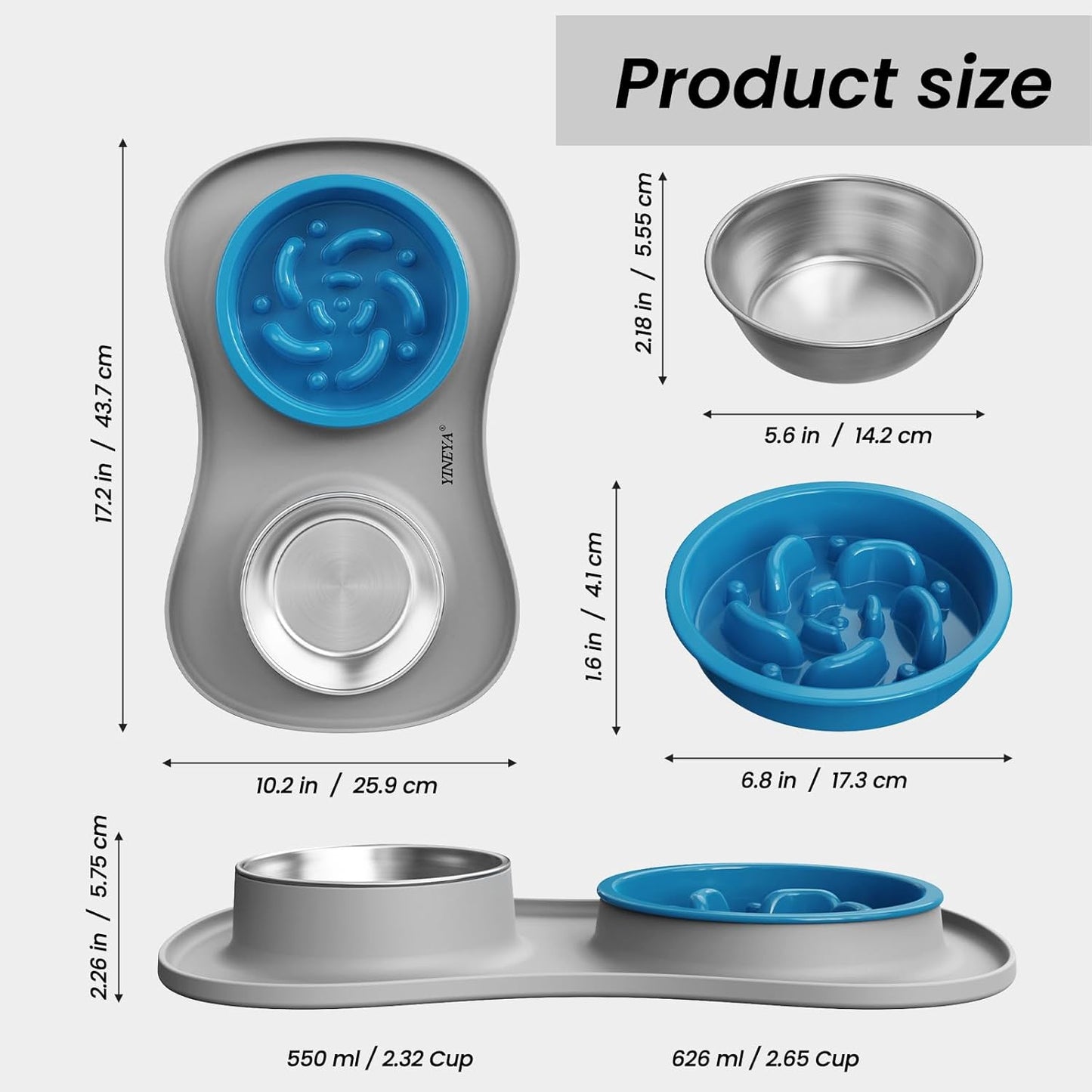 Slow Feeder Dog Bowls Stainless Steel Food and Water Bowl Set 3 in 1 No Spill Waterproof Silicone Pet Food Mat Puppy Feeding Station for Large Medium Small Breed Non Slip Metal Dish Tray by YINEYA