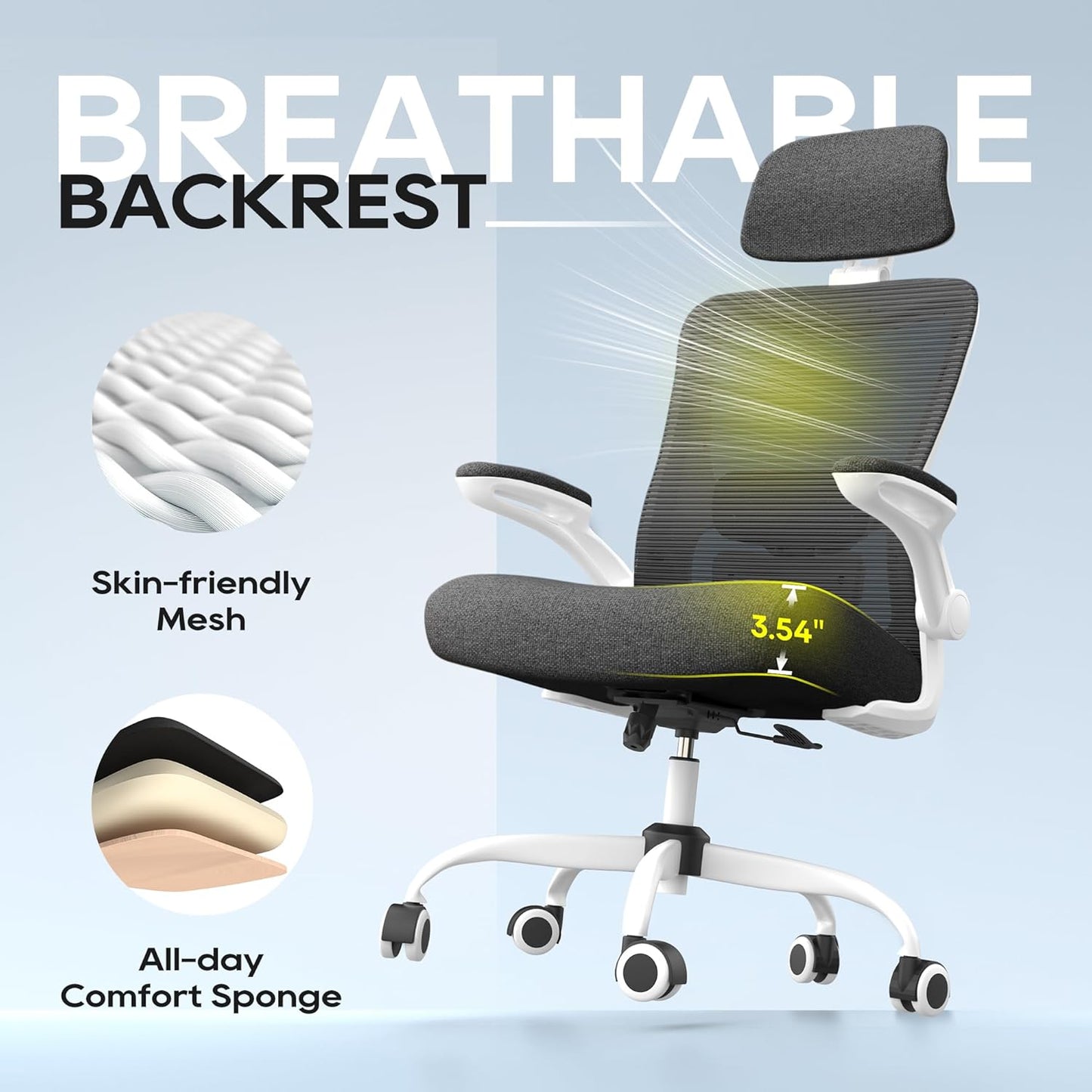 Ergonomic Office Chair, High Back Mesh Desk Chair with Adjustable Lumbar Support & Headrest, Flip-up Armrest, Computer Task Chairs for Home and Executive Office (W-Black)