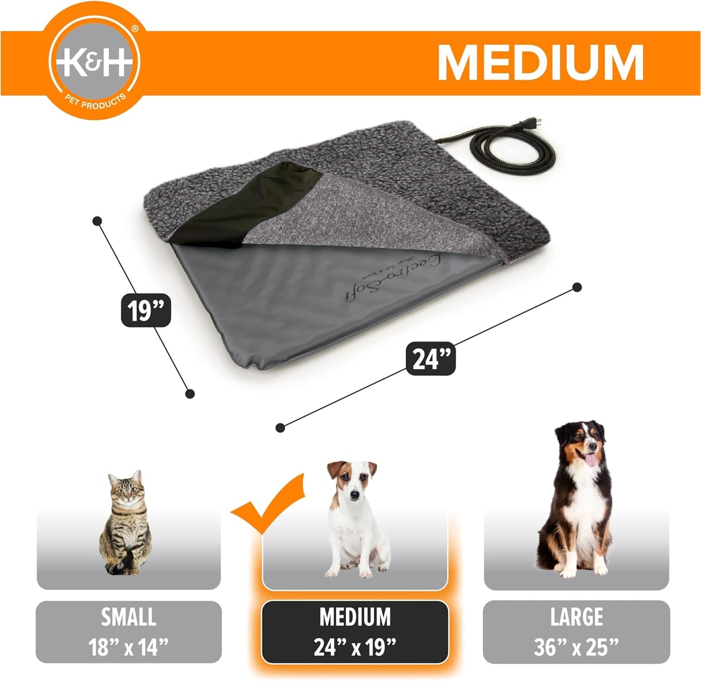 K&H Pet Products Lectro-Soft Orthopedic Outdoor Heated Dog and Cat Bed for Medium Dogs or Big Cats, Soft/Flexible Safety Listed Warming Pad, Waterproof, Washable Cover - Medium 24 X 19in Gray 40W