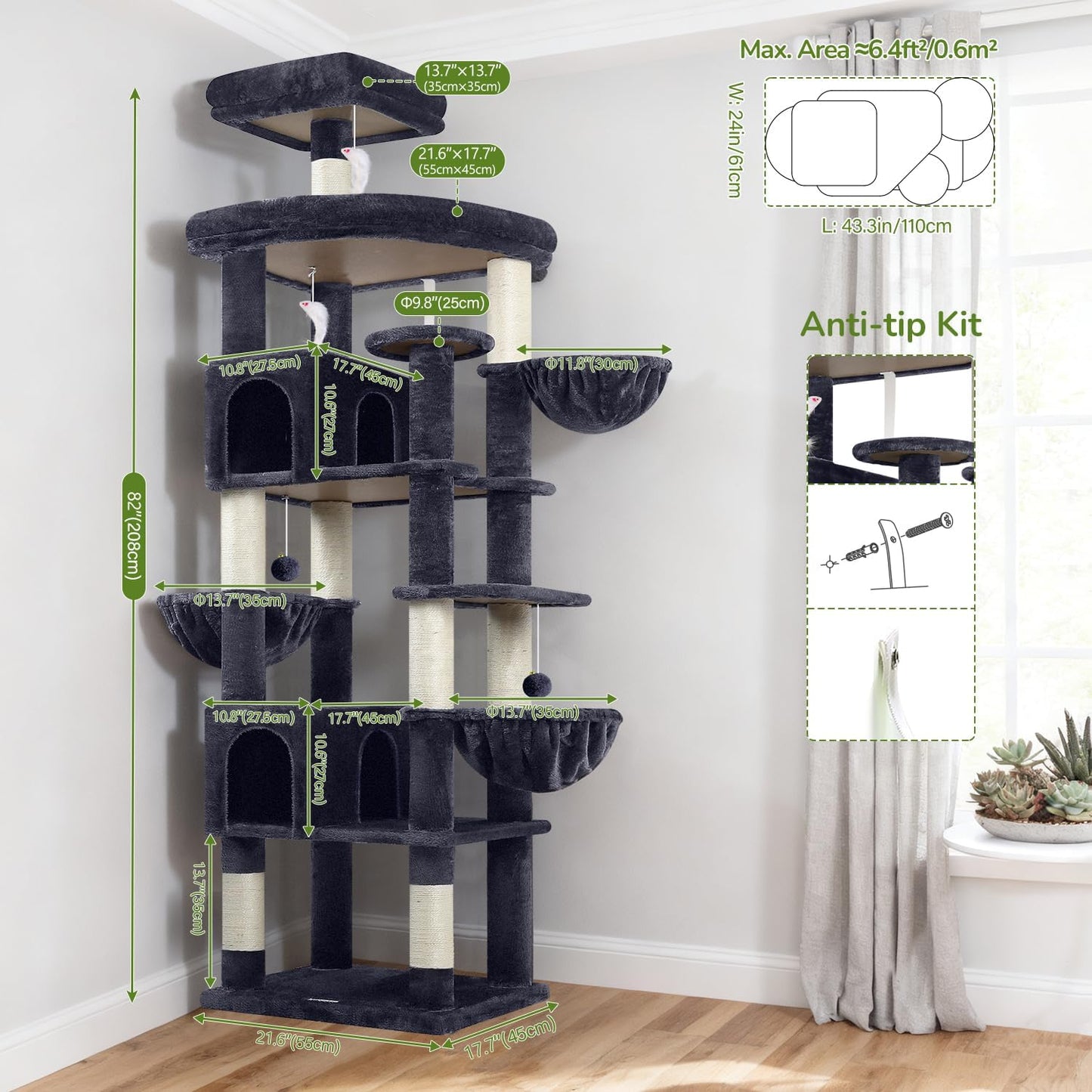 Globlazer Extra Large Cat Tree Tower, 82in Tall Heavy Duty Cat Tree for Indoor Cats Large Adult Big Cat Tower with 8 Scratching Posts, 2 Cat Condos, 2 Padded Perches, 3 Hanging Baskets, S82, Dark Gray