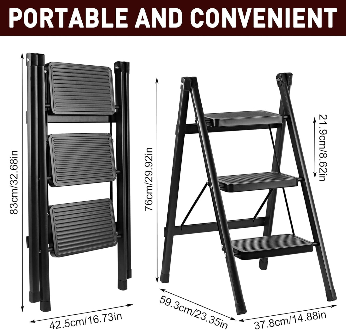 3-Step Ladder, Folding Step Stool for Kitchen/Closet/Garage, Sturdy & Lightweight Aluminum Handy Ladder, 200 lbs Capacity, Anti-Slip Pedals, Compact & Portable for Home DIY & Everyday Tasks