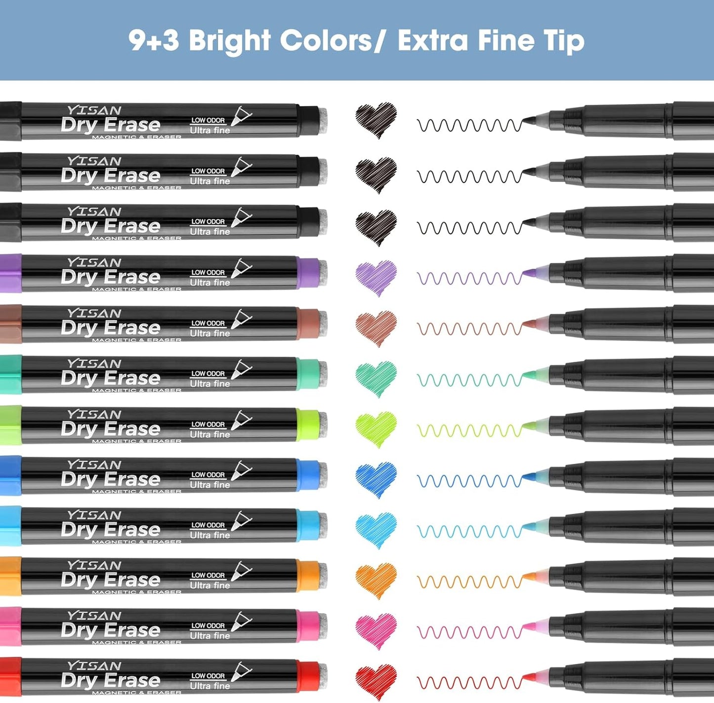 YISAN Dry Erase Markers Ultra Fine Tip,0.7mm Extra Fine Point, Magnetic Whiteboard Markers with Erasers,Assorted Colors, Low Odor,12 Count,70566