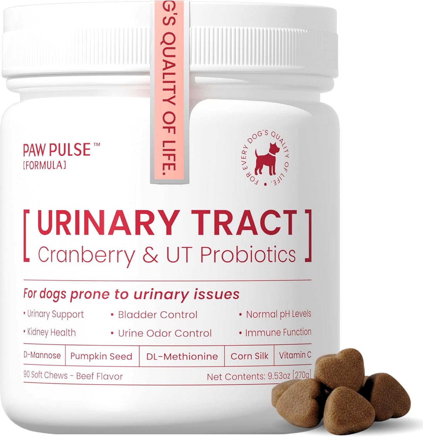 Pawpulse Formula Cranberry for Dogs, Urinary Tract Support for UTI Health, Bladder Stones, Incontinence, Urine Flow, Probiotics for Gut & Immune, 90 Chews