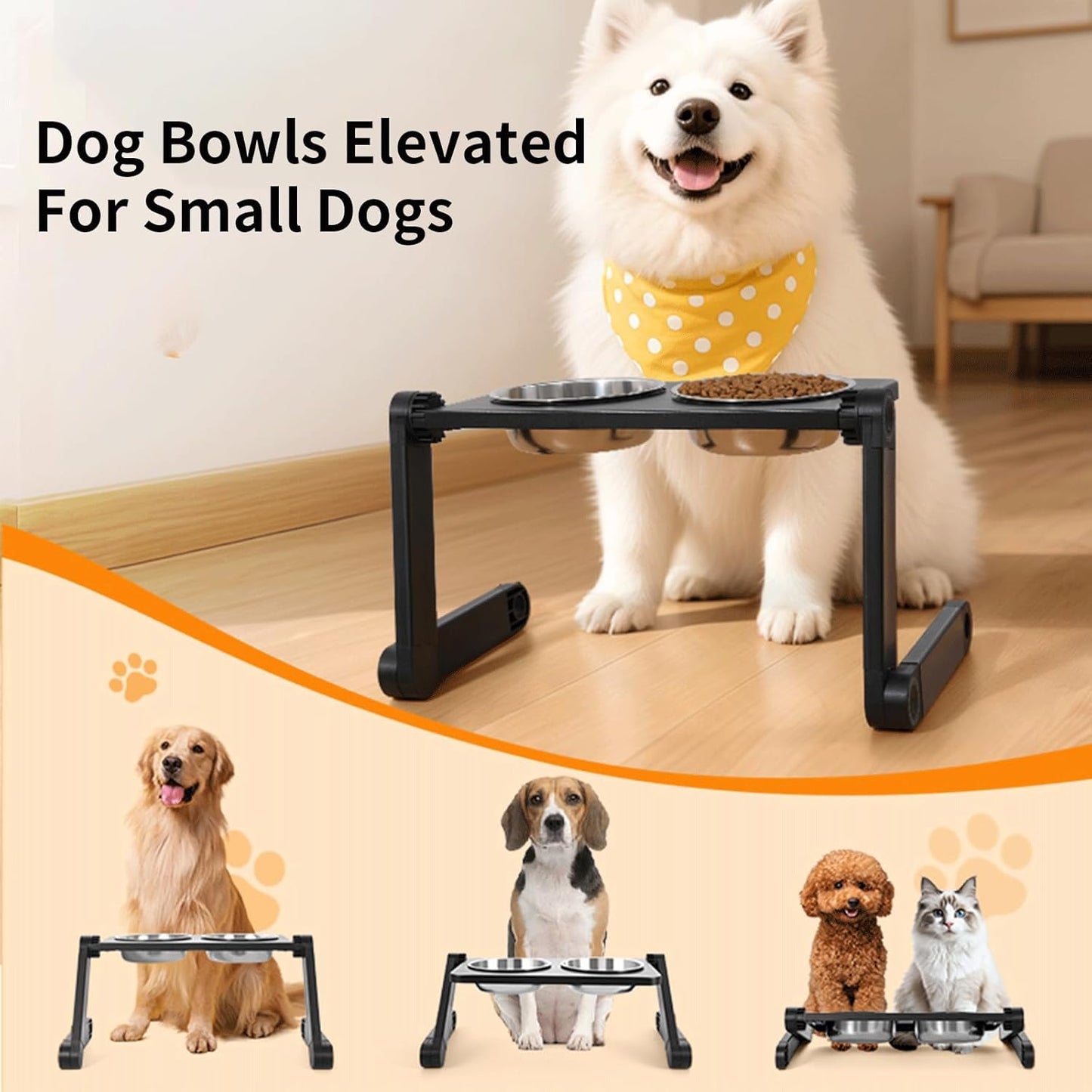 Adjustable Height & Angle Elevated Cat Bowls and Small Raised Dog Bowl with 2 Removable Stainless Steel Bowls - Foldable Raised Feeding Station 15°Tilted Raised for Neck Relief(16.7" x 9"