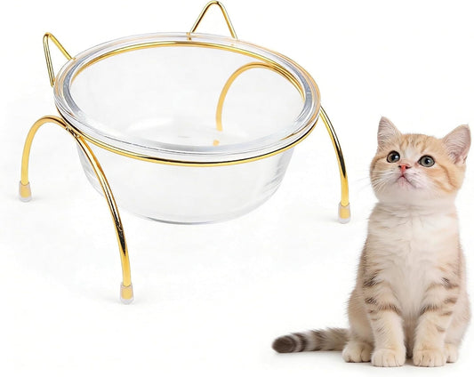 Elevated Glass Cat Food Bowl with Tilted Metal Stand, Single Raised Pet Dish for Neck Guard & Orthopedic Comfort, High Cat Feeder for Water or Food, Indoor Small Dog Bowl with Gold Rack