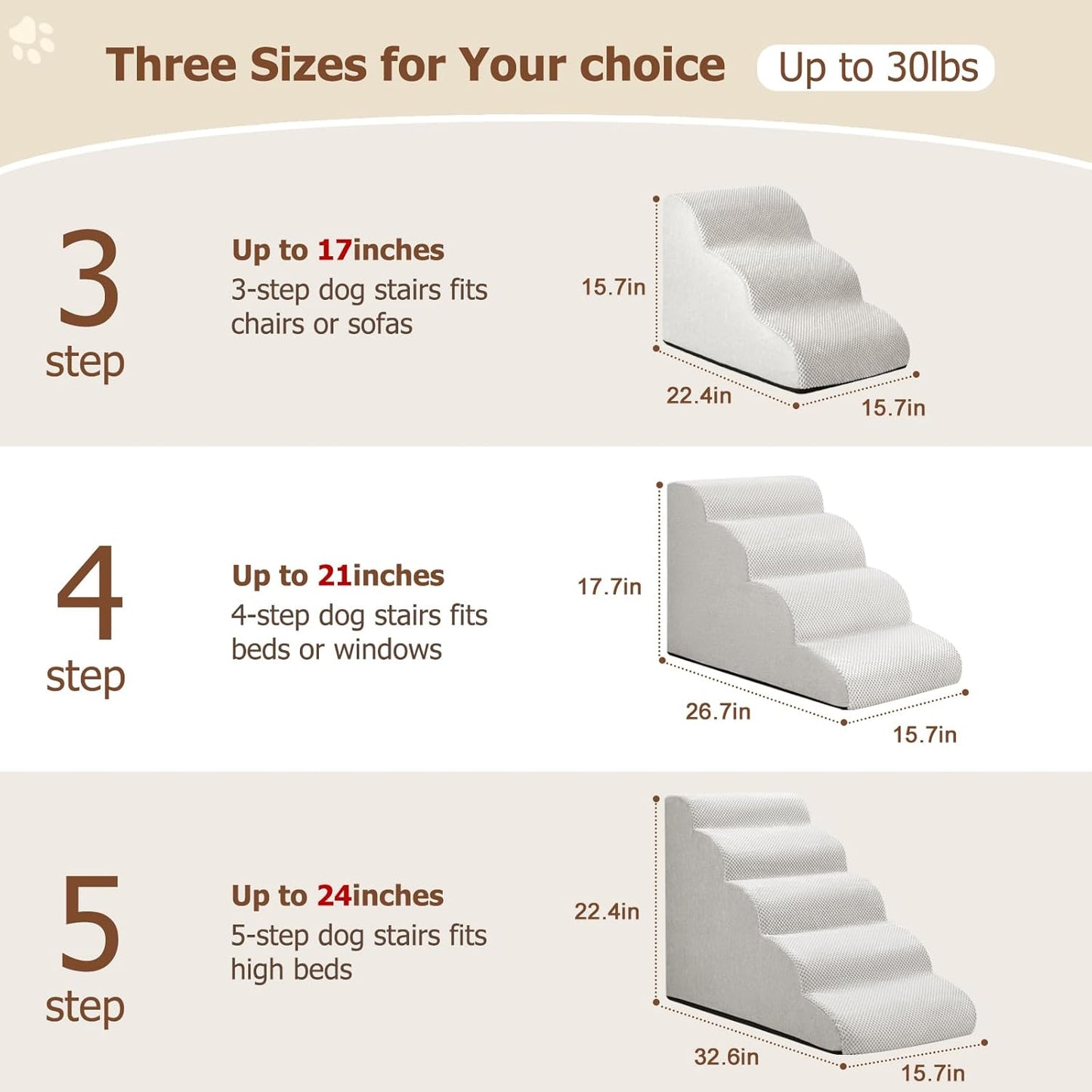 Dog Ramp and Stairs for Small Dogs & Cats,3-Step Pet Stairs for Couch Sofa and Chair,Indoor Anti-Slip Dog Stairs for Old Cats and Puppy,Light Grey