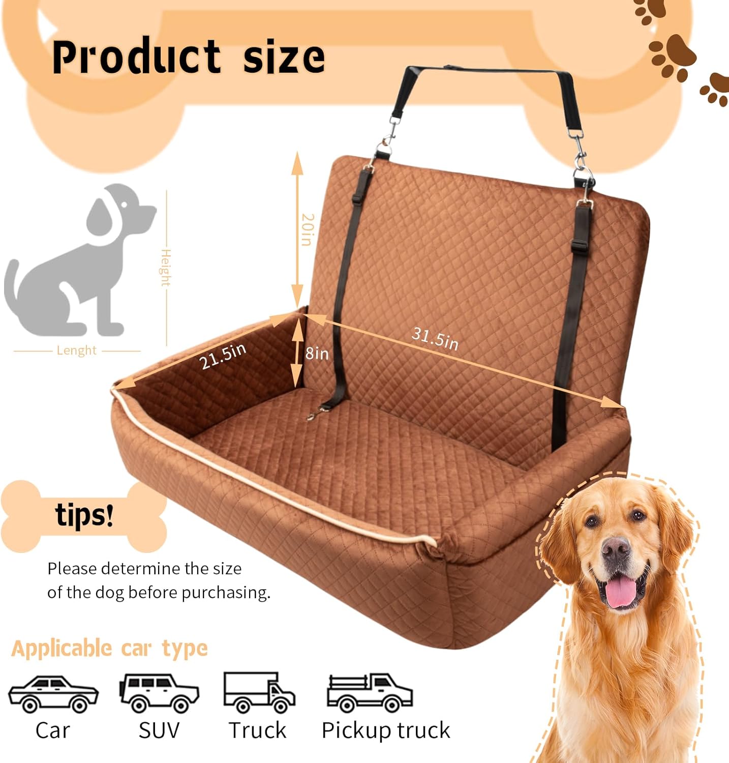 27.2kg(60파운드) 미만의 대형견 카시트 또는 소형견 2마리, 안전 벨트 고정 기능이 있는 자동차 뒷좌석용 강아지 침대, 시트 원단, 부드럽고 편안함, 사이즈는 80 x 50.8 x 54.6cm(31.5 x 20 x 21.5인치), 탈착식 및 세탁 가능(브라운)
