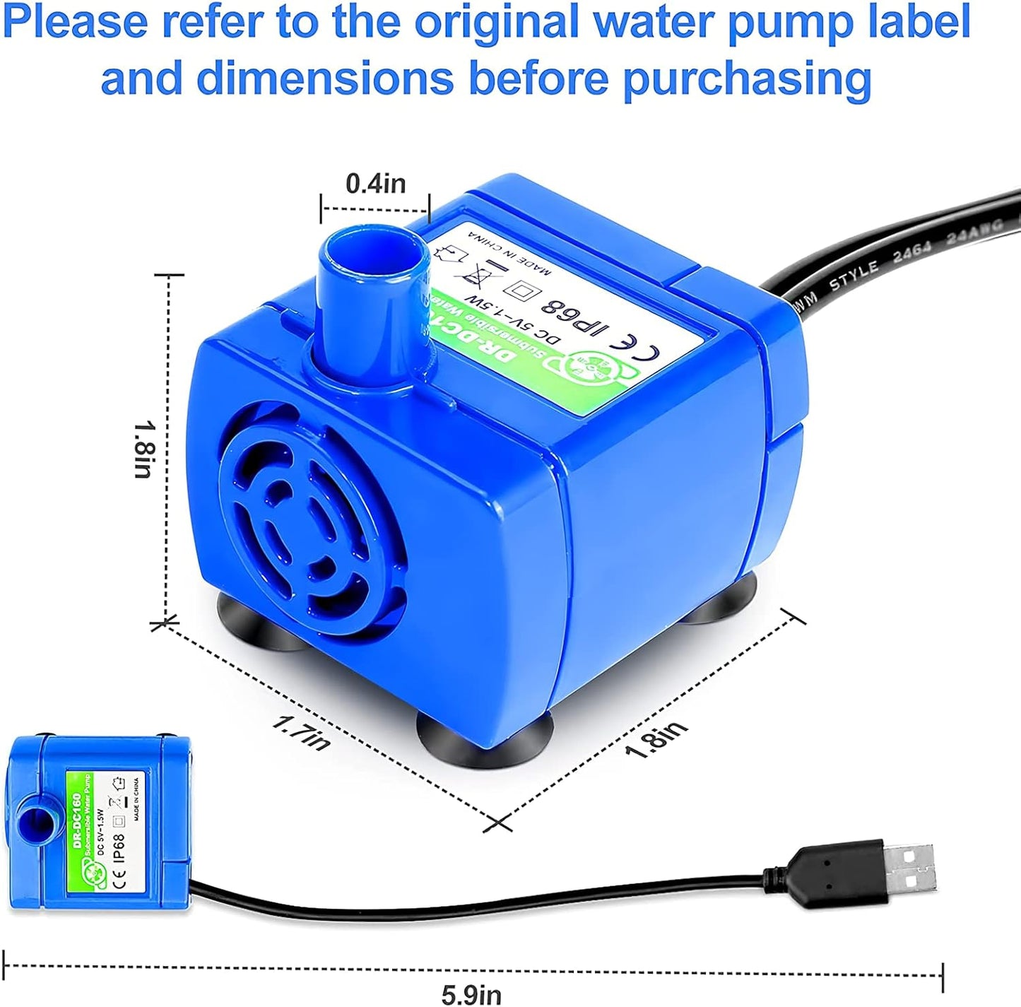 Cepheus Replacement Pump for Cat Water Fountain - Extreme Silent Pet Fountain DR-DC160 Pump with 6 ft USB Cable Cord for Automatic Cat Water Fountain Stainless Steel (No Adapter)