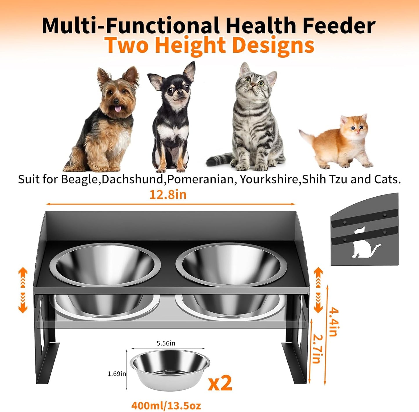 No Spill Raised Cat Food Bowl, 3-in-1 Elevated Dog Bowls with Splash Proof, Adjustable Cute Metal Stand,12° Tilted Anti-Vomiting, Stainless Steel Food and Water Bowl Set for Cats and Small Dogs