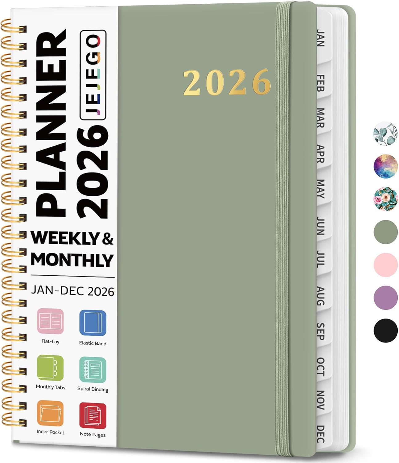 2026 Planner, Weekly and Monthly Calendar Planner Book, January 2026 - December 2026, Hardcover Spiral Planner with Monthly Tabs, Notes Pages, Perfect for Women & Men, A5 (6.4" x 8.5") - Green