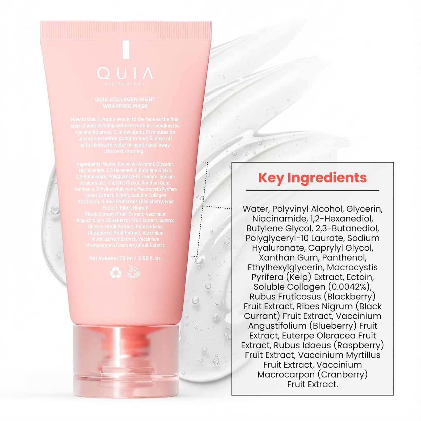 QUIA Collagen Wrapping Mask 75ml - Clinical +92% Firmer Appearance - Overnight Glass Skin Peel Off - Korean Skincare - All Skin Types - Better Than Sheet Masks