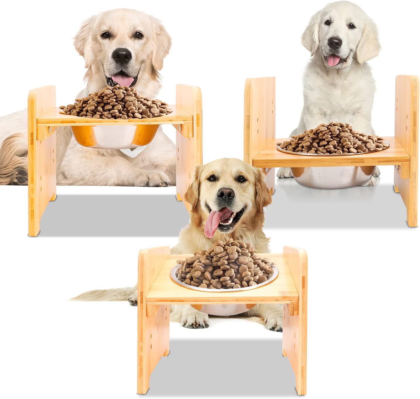 FOREYY Set of 2 Raised Pet Bowls for Cats and Small Dogs - Bamboo Tilted Single Elevated Dog Cat Food and Water Stand Feeder with 2 Stainless Steel Bowls and Anti Slip Feet for Comfort Feeding(Medium)