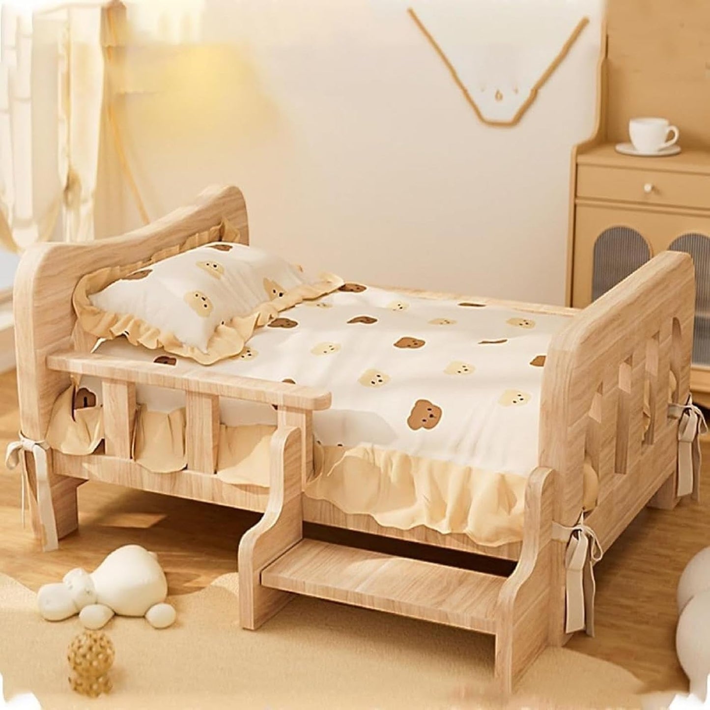 Wood Dog Bed, Floor Standing Pet Furniture with Winter Bedding and Stairs,Low Profile Wooden Bed with Guardrails and Step Stool Space-Saving Design for Small Areas, 31.9 X 21.3 X 11.8IN