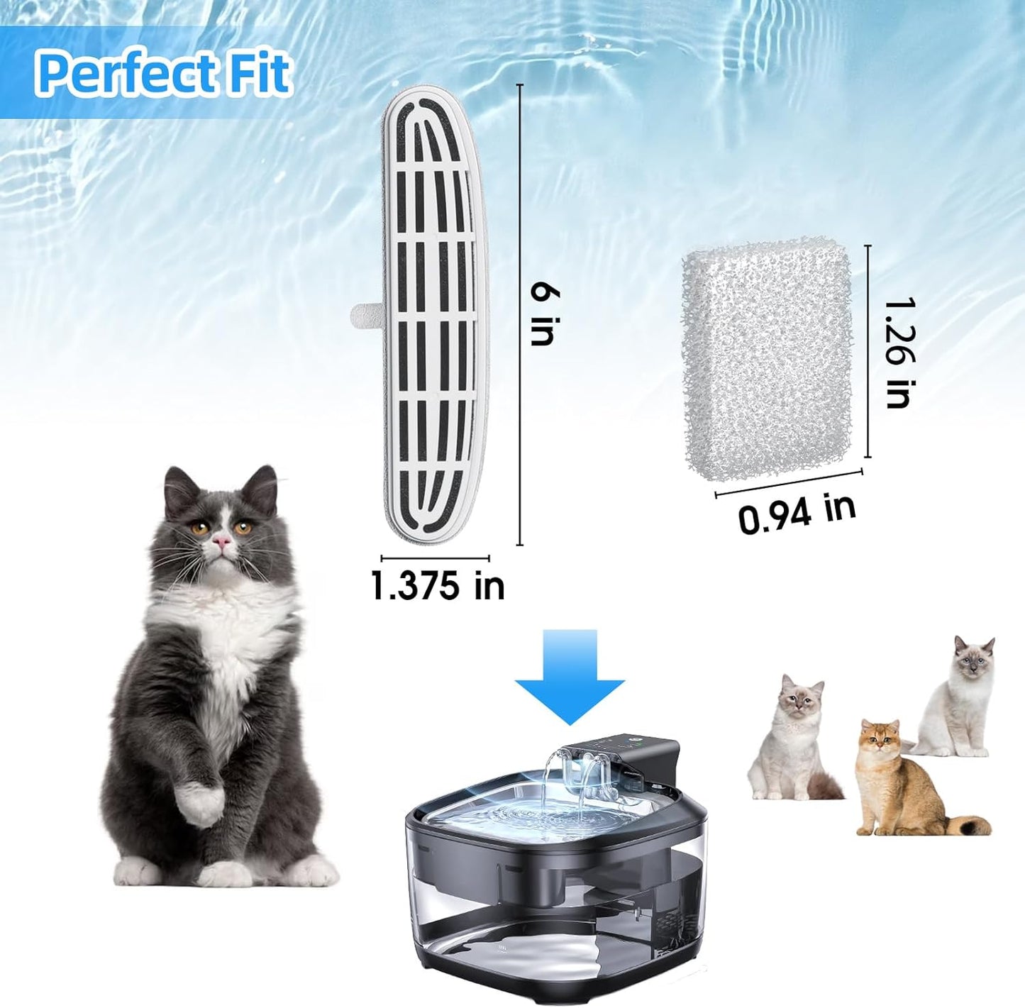 16 Pack Cat Water Fountain Filters-Cat Fountain Replacement Filters for Stainless Steel 108/3.2L Adjustable Water Flow Pet Water Fountain(8 Filters&8 Sponges)