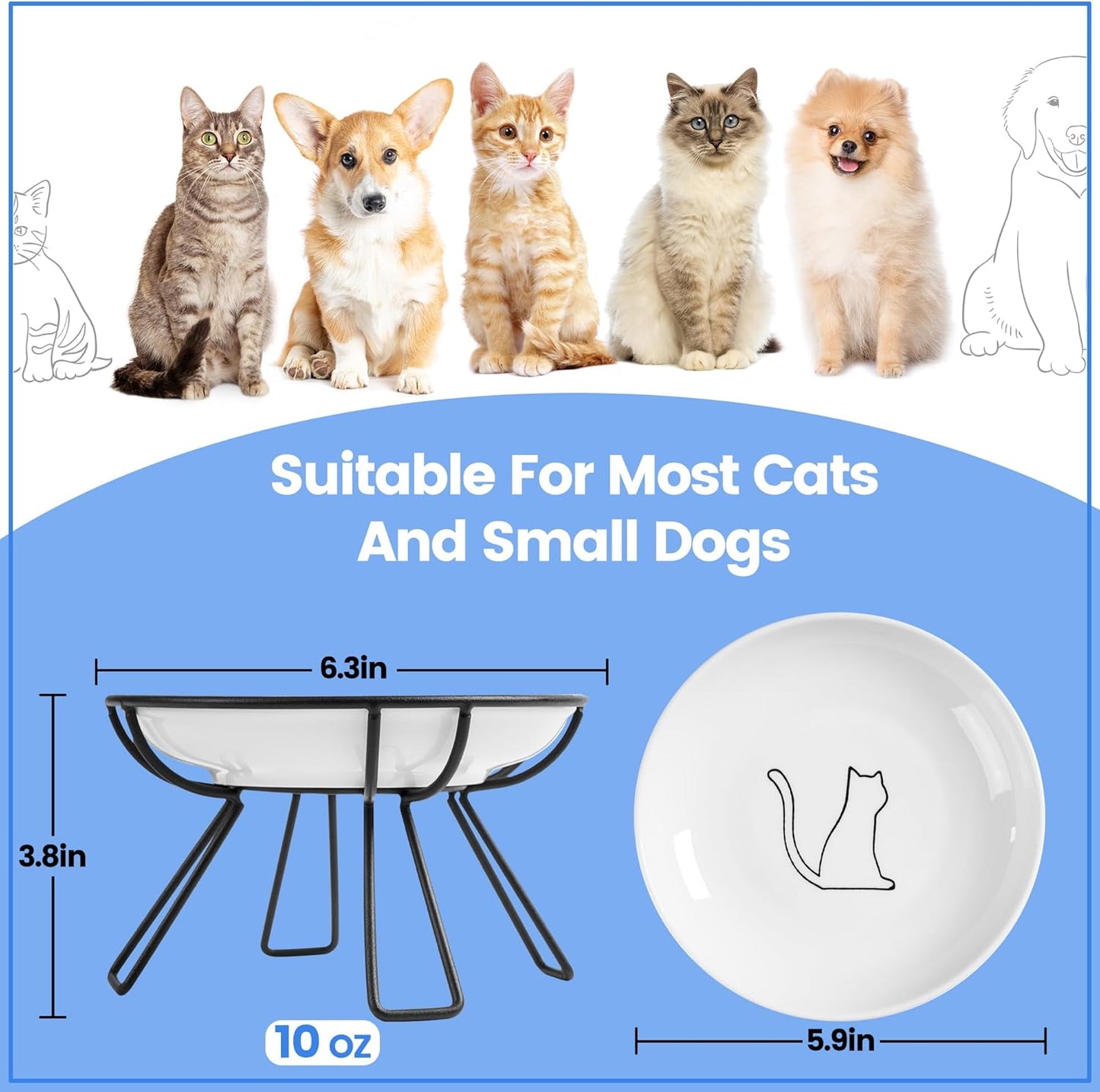 Ceramic Elevated Cat Bowls - Whisker Friendly, Anti-Vomiting, Stylish & Hygienic Cat Bowl Set (Line Cat, 2 Pack)