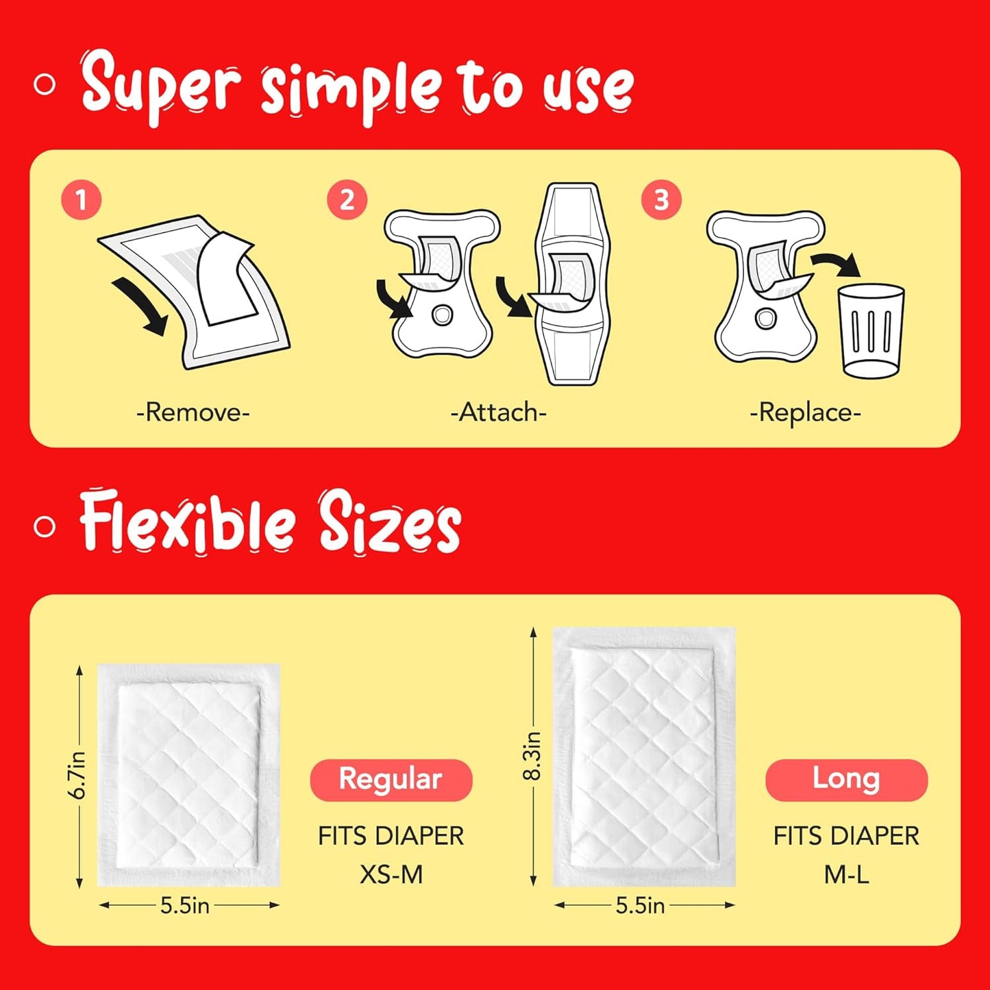Disposable Dog Diaper Liners Booster Pads for Male & Female Dogs - 100ct | Diaper Inserts fit Most Washable Dog Wraps and Belly Bands,Long