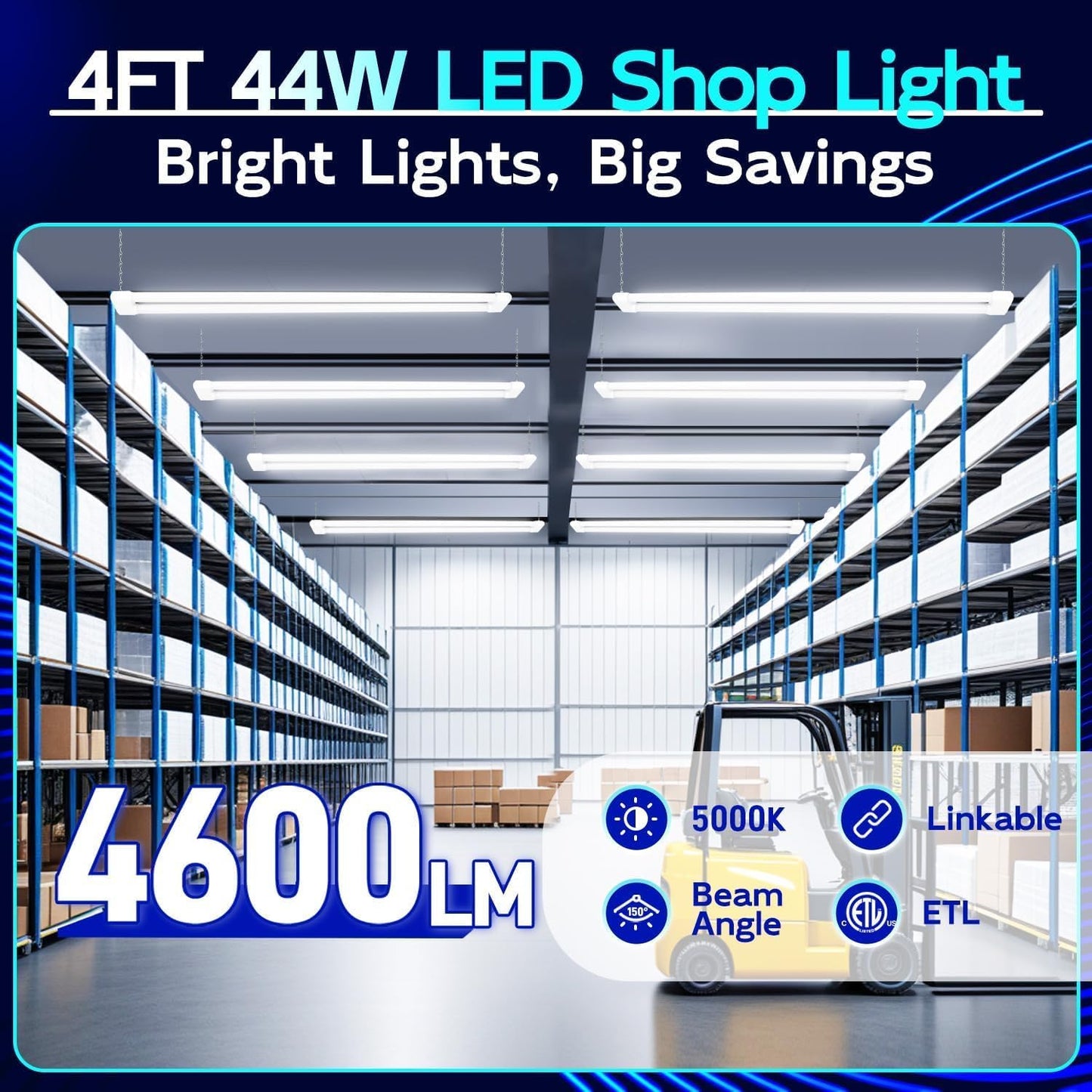hykolity 4 Pack Linkable LED Shop Light, 4FT 44W [300W Equivalent], 4600lm, 5000K Daylight, Plug-in Utility Bay Light Fixture, Hanging or Surface Mount, White - Energy Efficient Lighting Solution