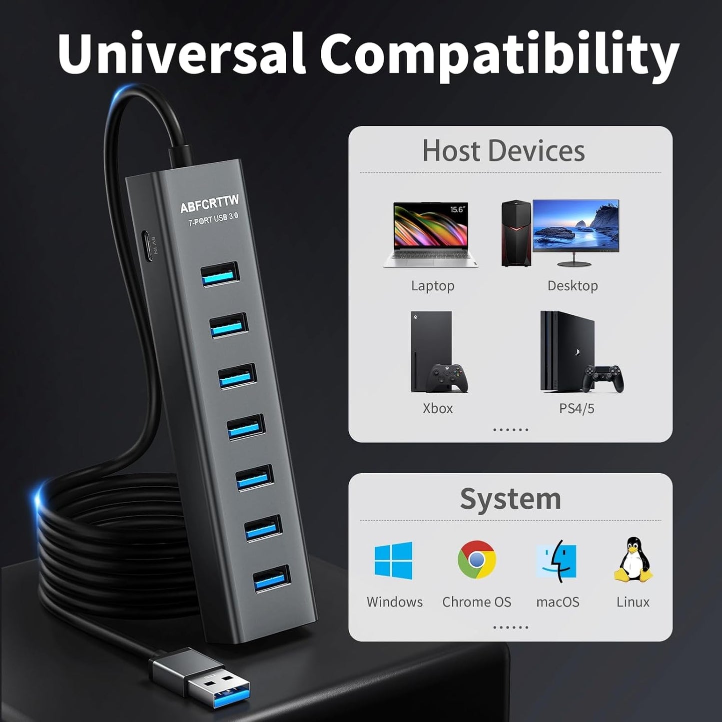 4Ft 7-Port USB 3.0 Hub for Desktop - Aluminium USB Extender Hub 5Gbps, USB Multiport Adapter, USB Splitter, USB Hub Long Cable for Desktop, PC, Flash Drive, Mobile HDD, Windows/XPS, 1.2m
