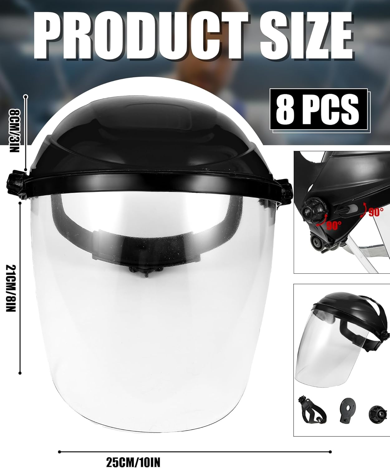 8 Black Safety Face Shield for Grinding and Cutting, Full Impact Resistant Face Shield Mask for Work Chemical Woodworking (Black)