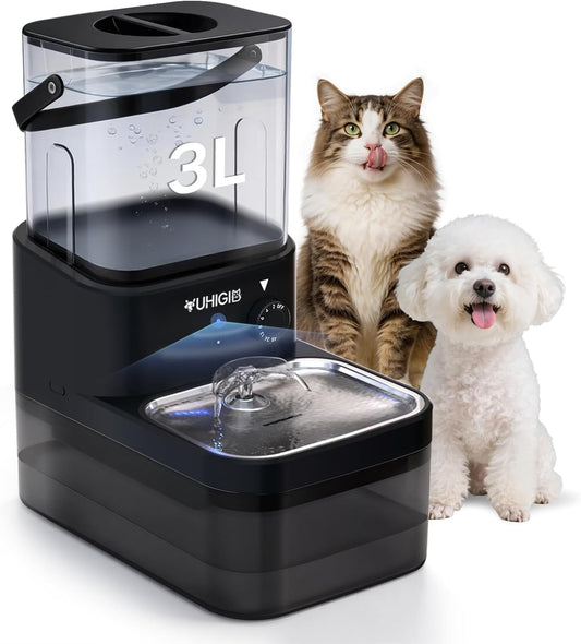 Wireless Cat Water Fountain, Wastewater Separation No Filter Cotton 3L Automatic Cat Water Dispenser Ultra Quiet Stainless Steel Pet Water Fountain for Cats Small Dogs Multiple Pets Indoor