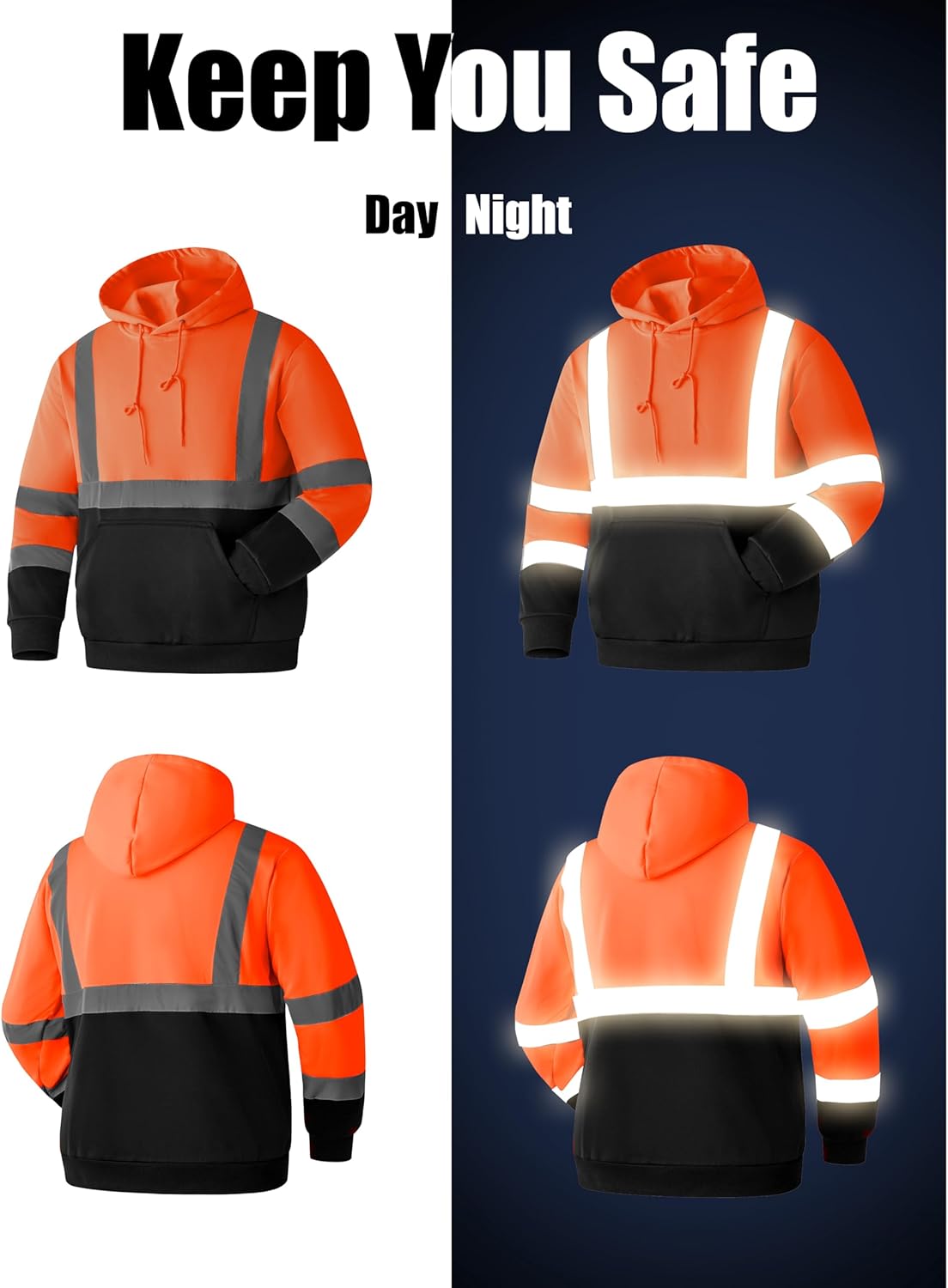 Ubon Hi Vis Hoodies for Men, High Visibility Hoodie Reflective Safety Sweatshirts Construction Workwear Black Bottom