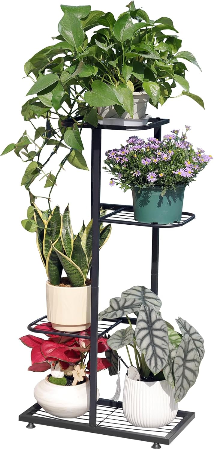 Plant Stand Indoor Outdoor, Corner Metal Plant Stands, Heavy Duty Tall Planter Shelf for Multiple Plants, Flower Pot Holder for Patio Garden Balcony Living Room (Black, 4 Tier-5 Potted)