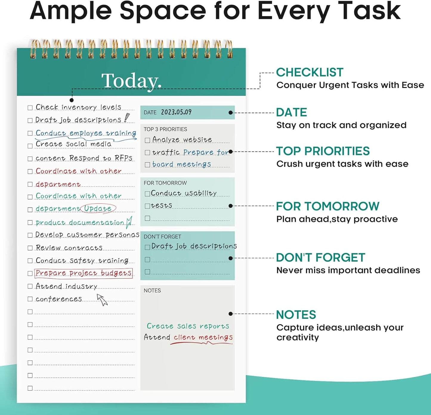 Taja To Do List Notepad - To Do List Notebook for Work with 52 Sheets, 9.8" x 6.5", Undated Daily Planner Perfect for Daily Tasks and Goal Setting, Notepad Suitable for Office, Home & School - Greenery Sway