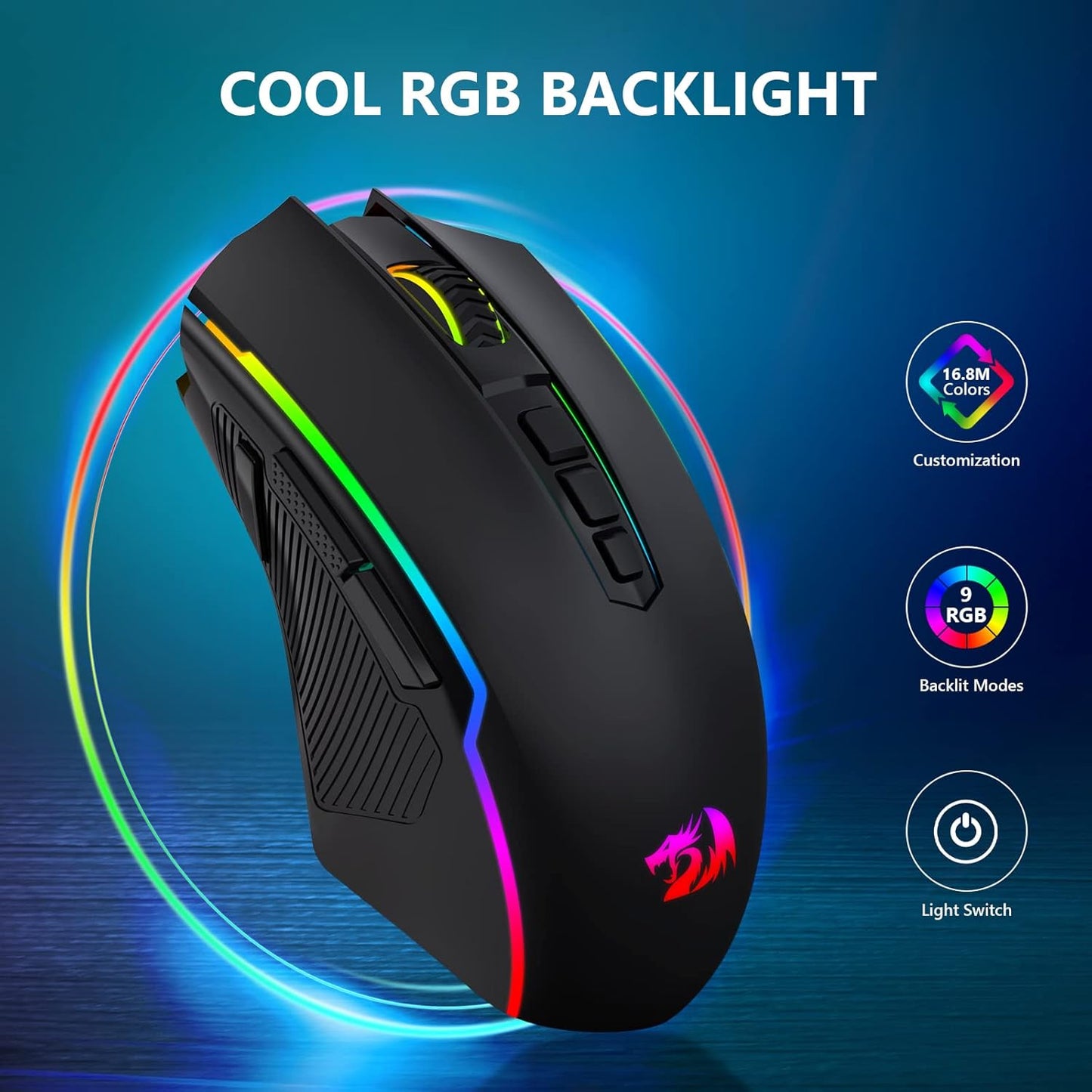 Redragon Gaming Mouse, Wireless Mouse Gaming with 8000 DPI, PC Gaming Mice with Fire Button, RGB Backlit Programmable Ergonomic Mouse Gamer, Rechargeable, 70Hrs for Windows, Mac Gamer, Black