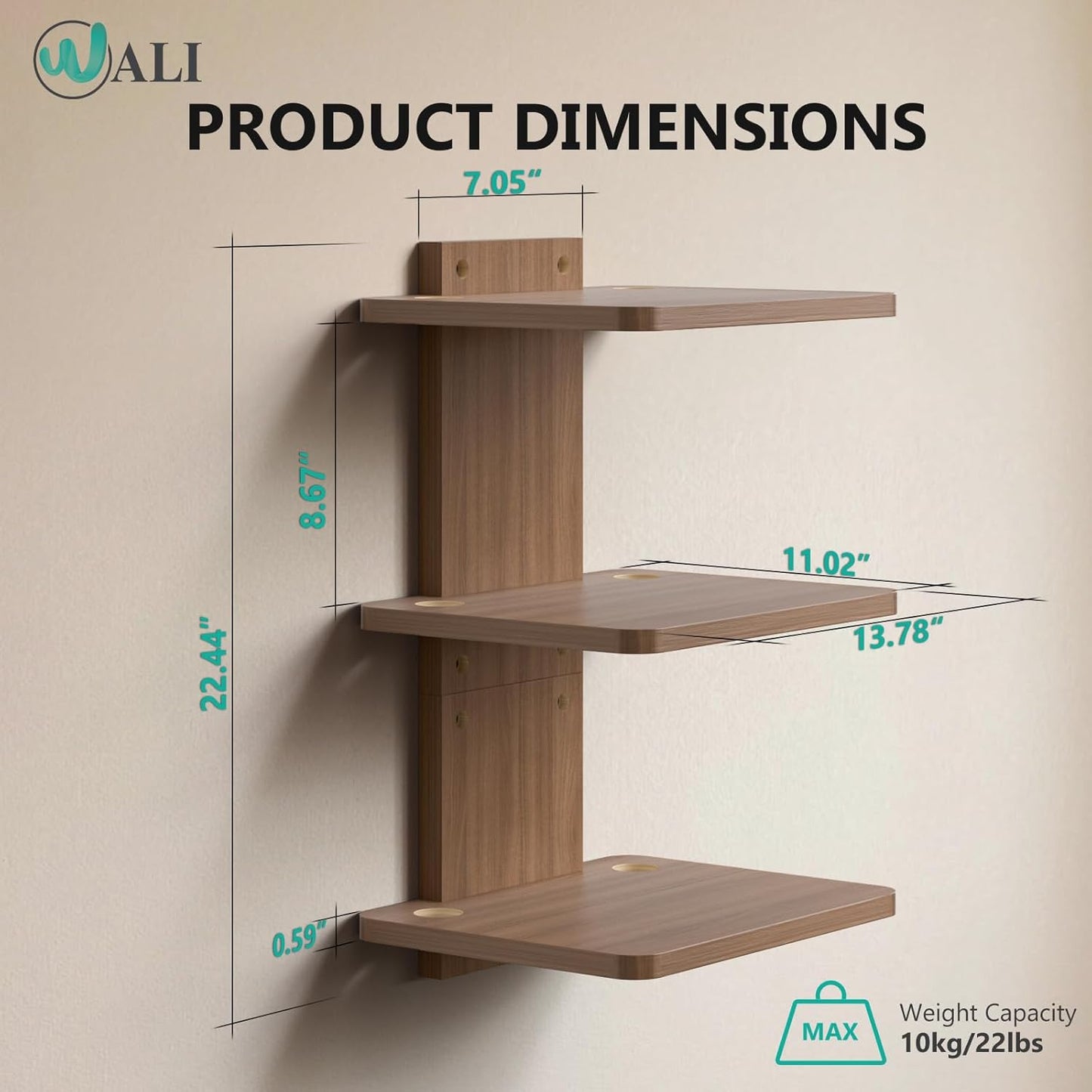 WALI Floating TV Shelf, 3 Tier Projector Shelf for DVD Players, Routers, Game Consoles, Cable Boxes, Living Room Decor Accessories, Wall Mount Shelves Holds Up to 22lbs (CS303N), 3-Shelf, Walnut Brown